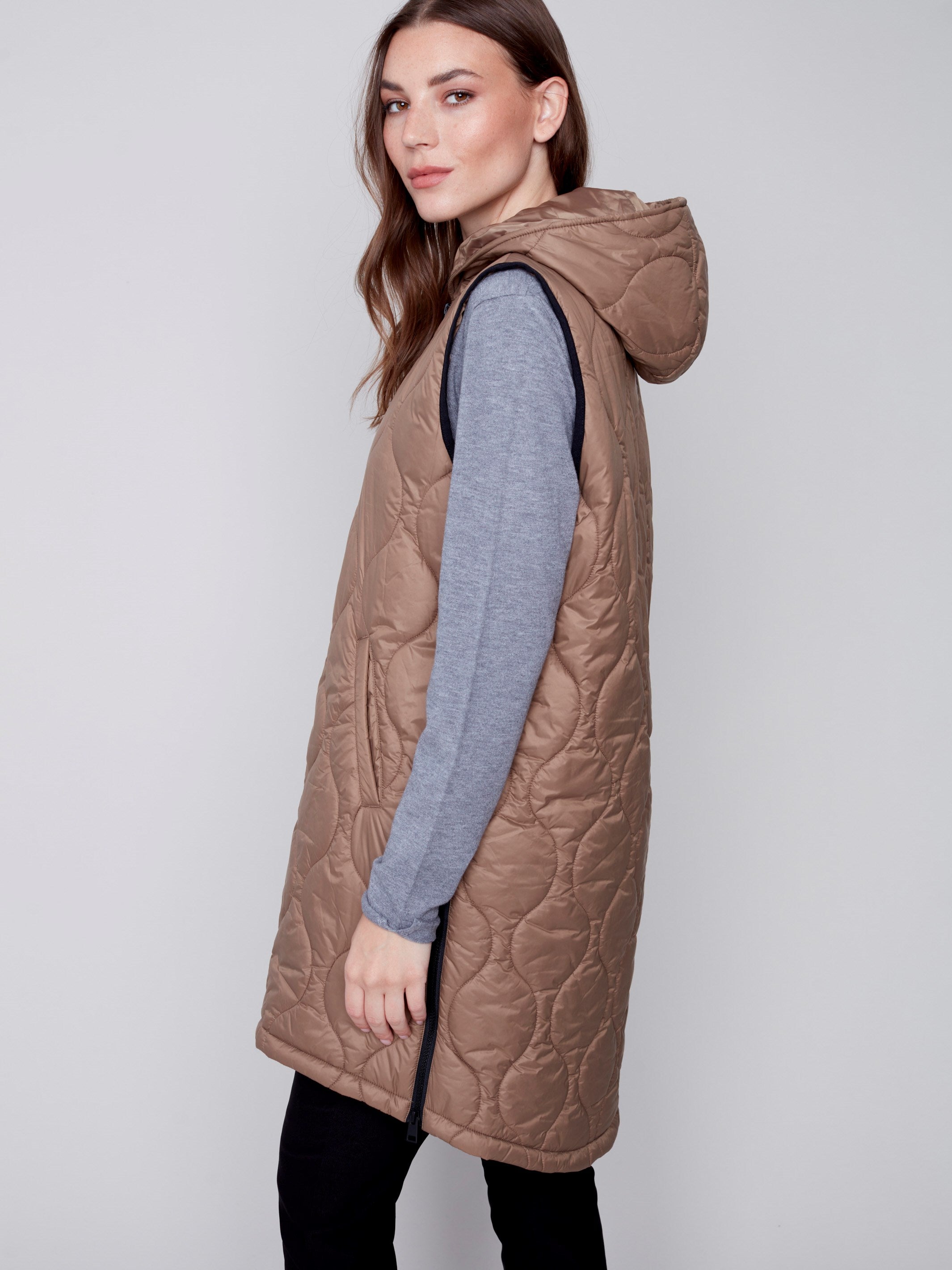 Long Quilted Puffer Vest with Hood - Truffle