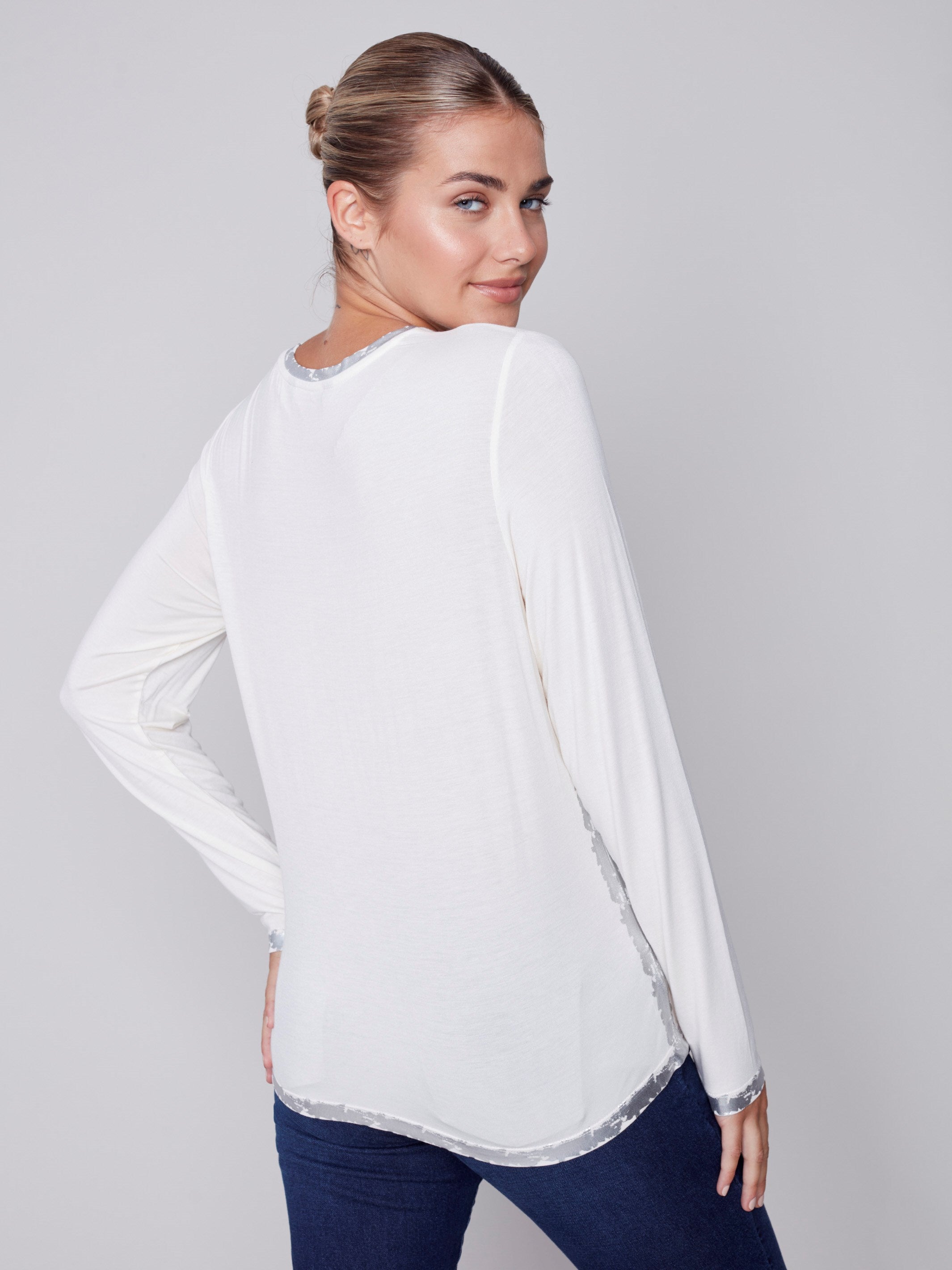 Long-Sleeved Top with Foil Print Detail - Cream