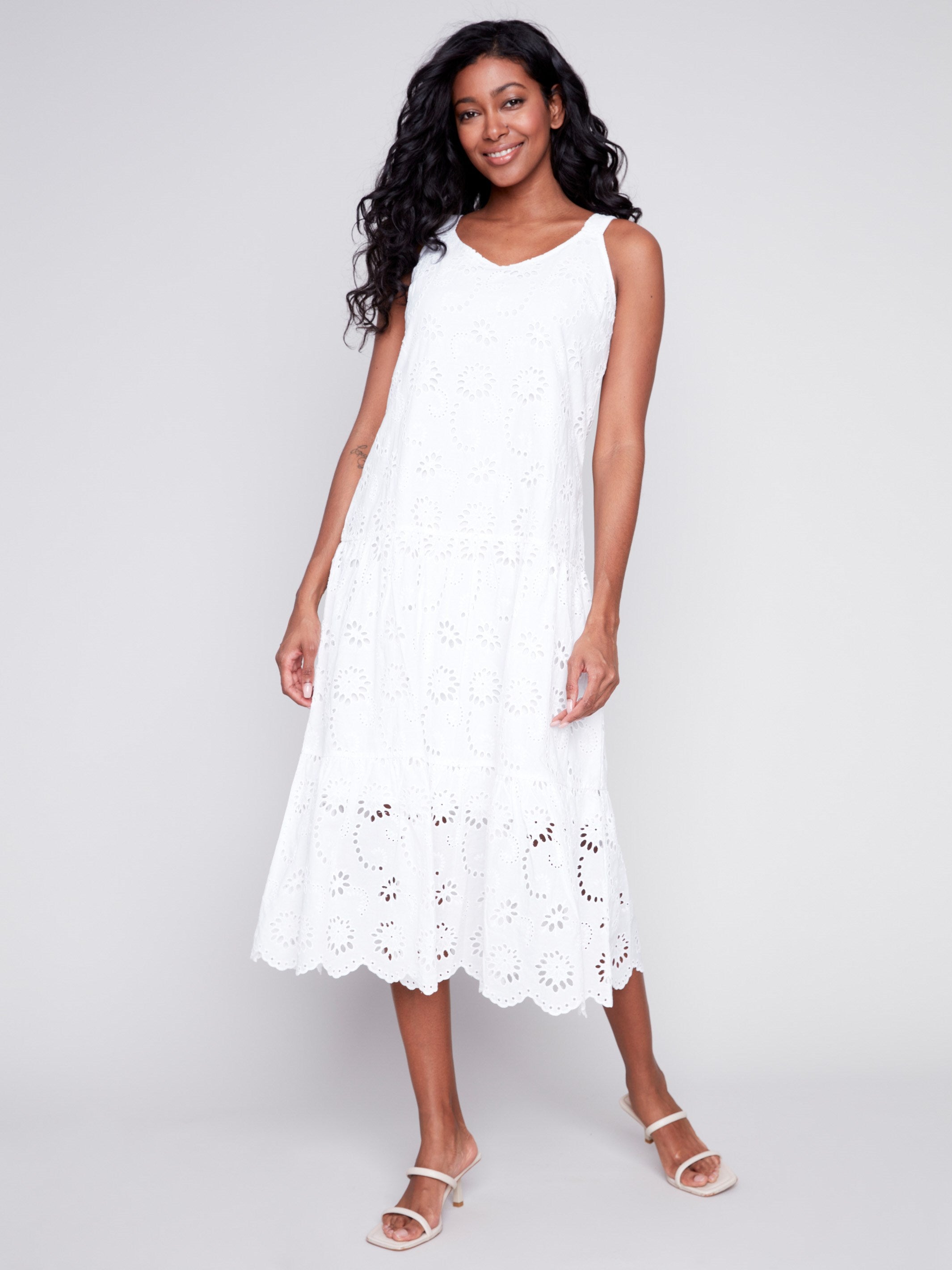 Long Sleeveless Cotton Eyelet Dress - White