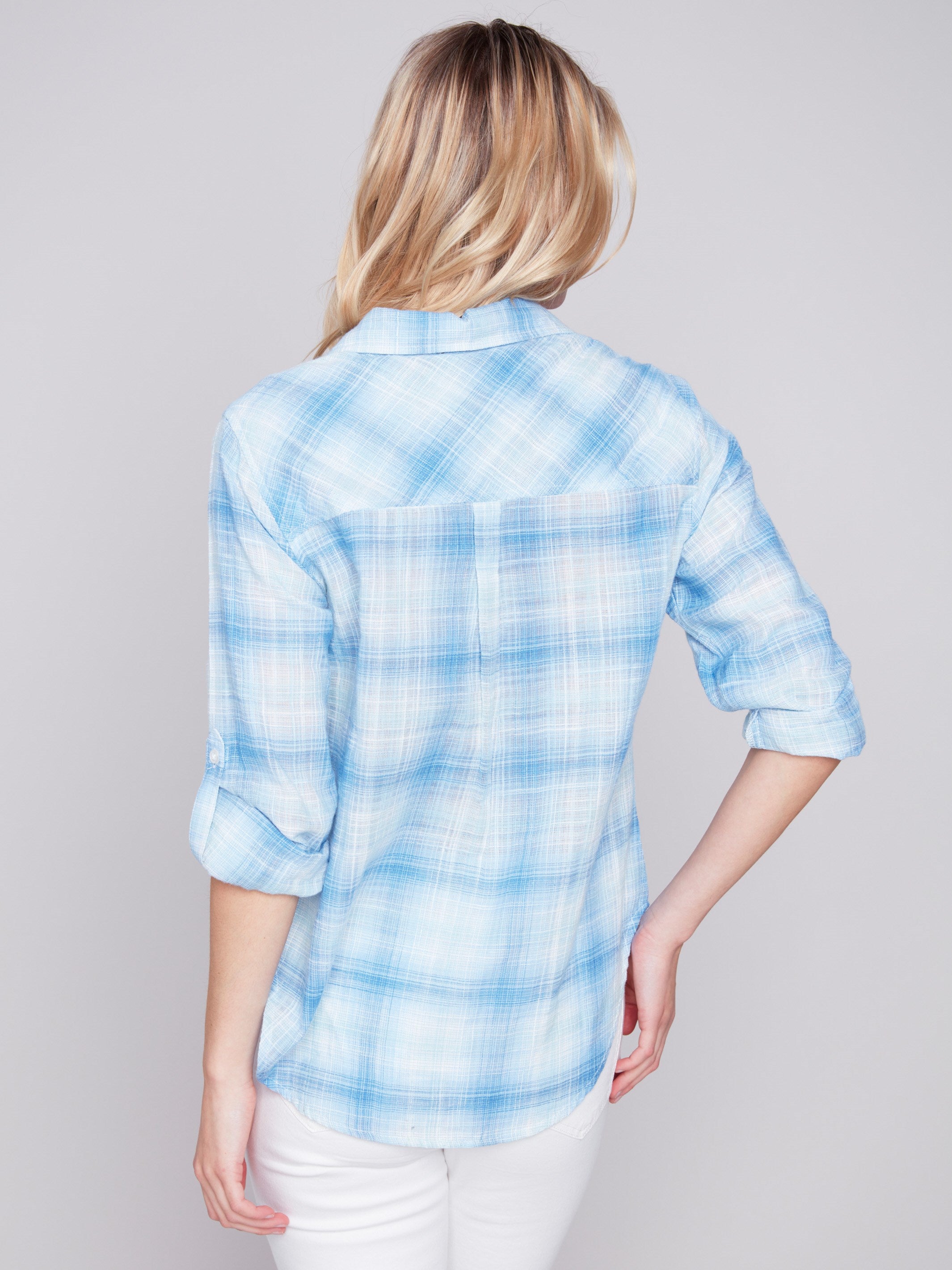 Charlie B Plaid Cotton Gauze Shirt - Blue - Image 4