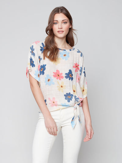 Printed Cotton Gauze Blouse with Side Tie - Daisy - C4403 Charlie B Collection