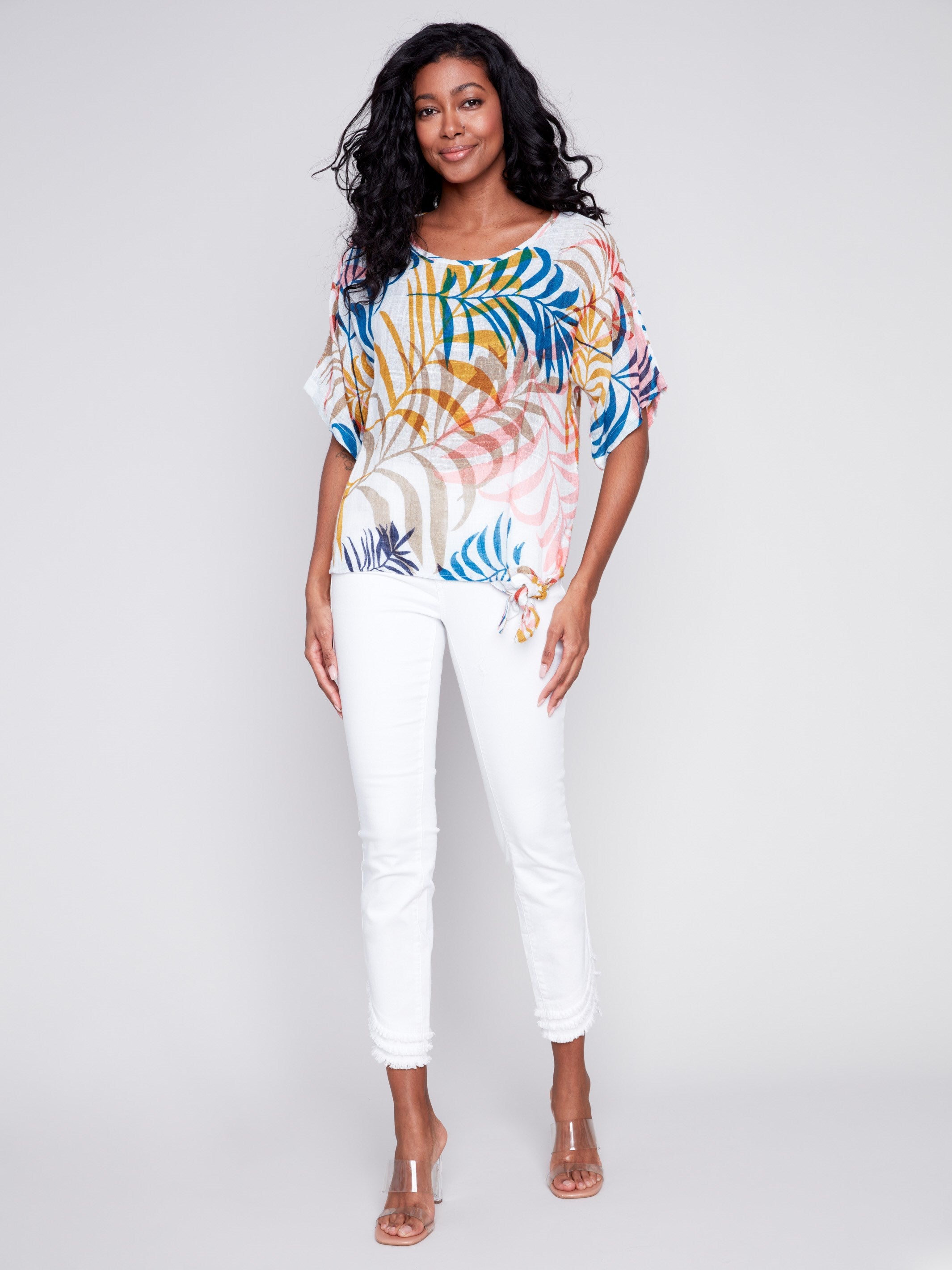 Charlie B Printed Cotton Gauze Blouse with Side Tie - Leaf - Image 3