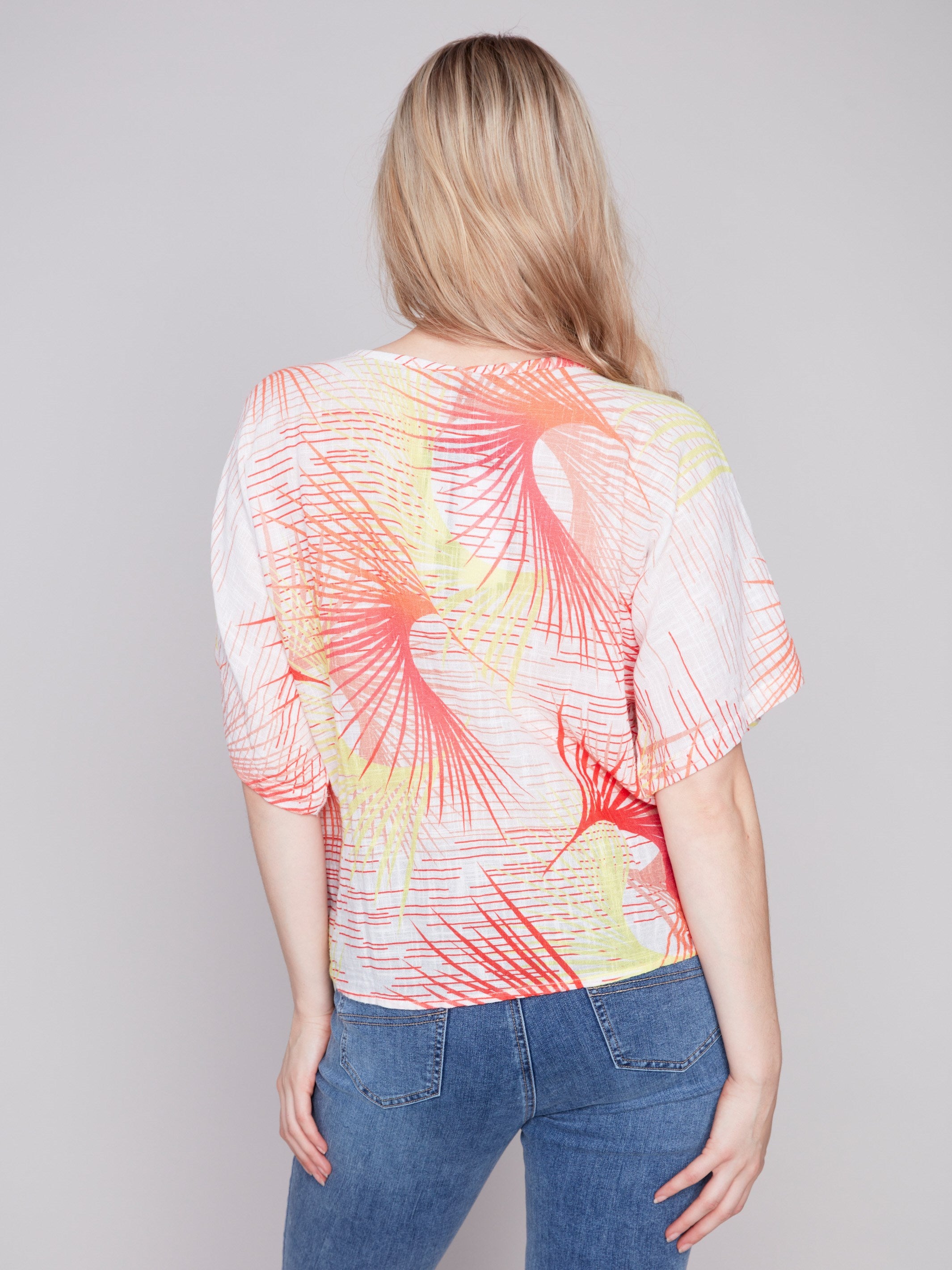 Printed Cotton Gauze Blouse with Side Tie - Punch