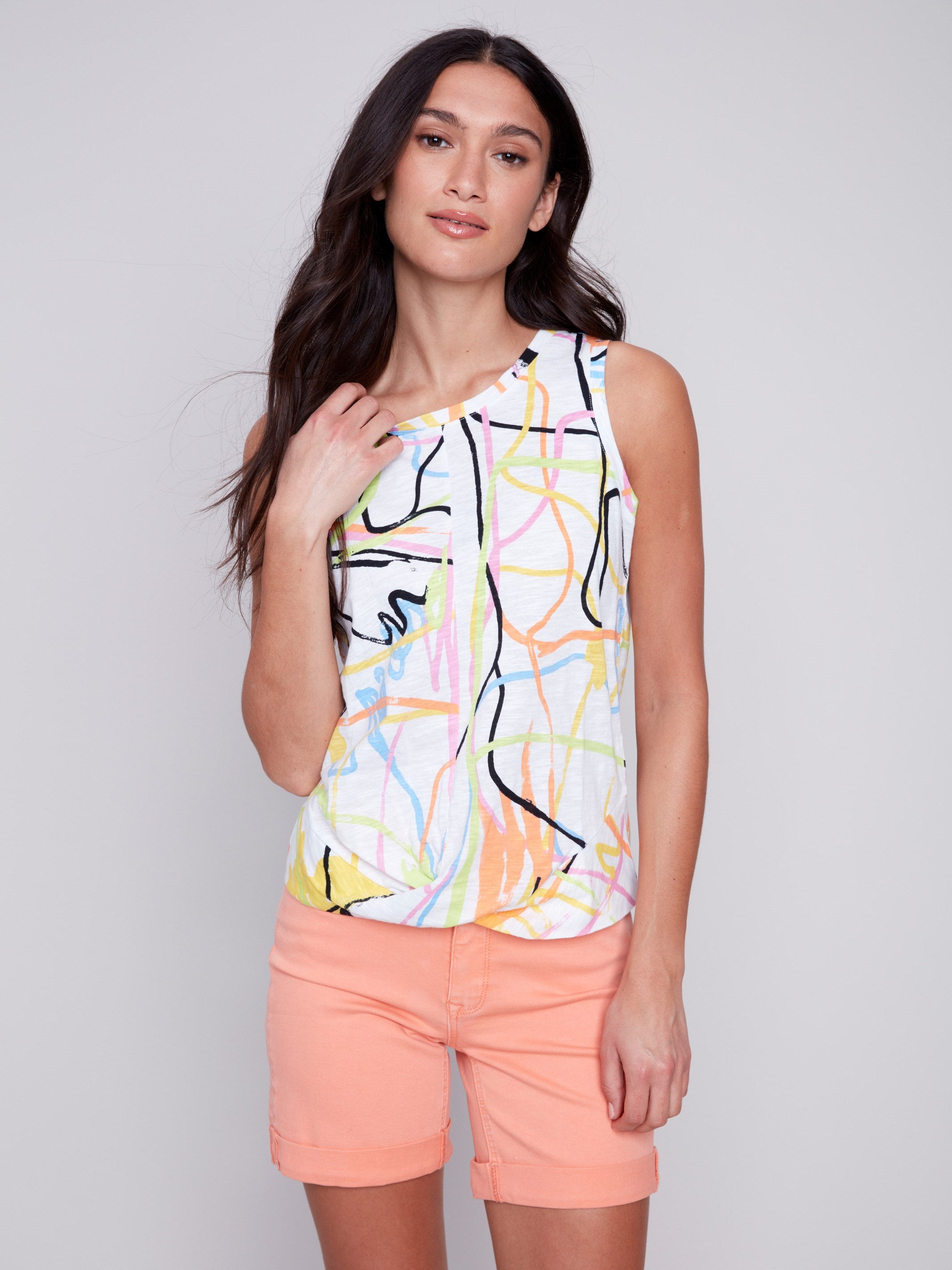 Printed Cotton Tank Top With Knot Detail - Graffiti