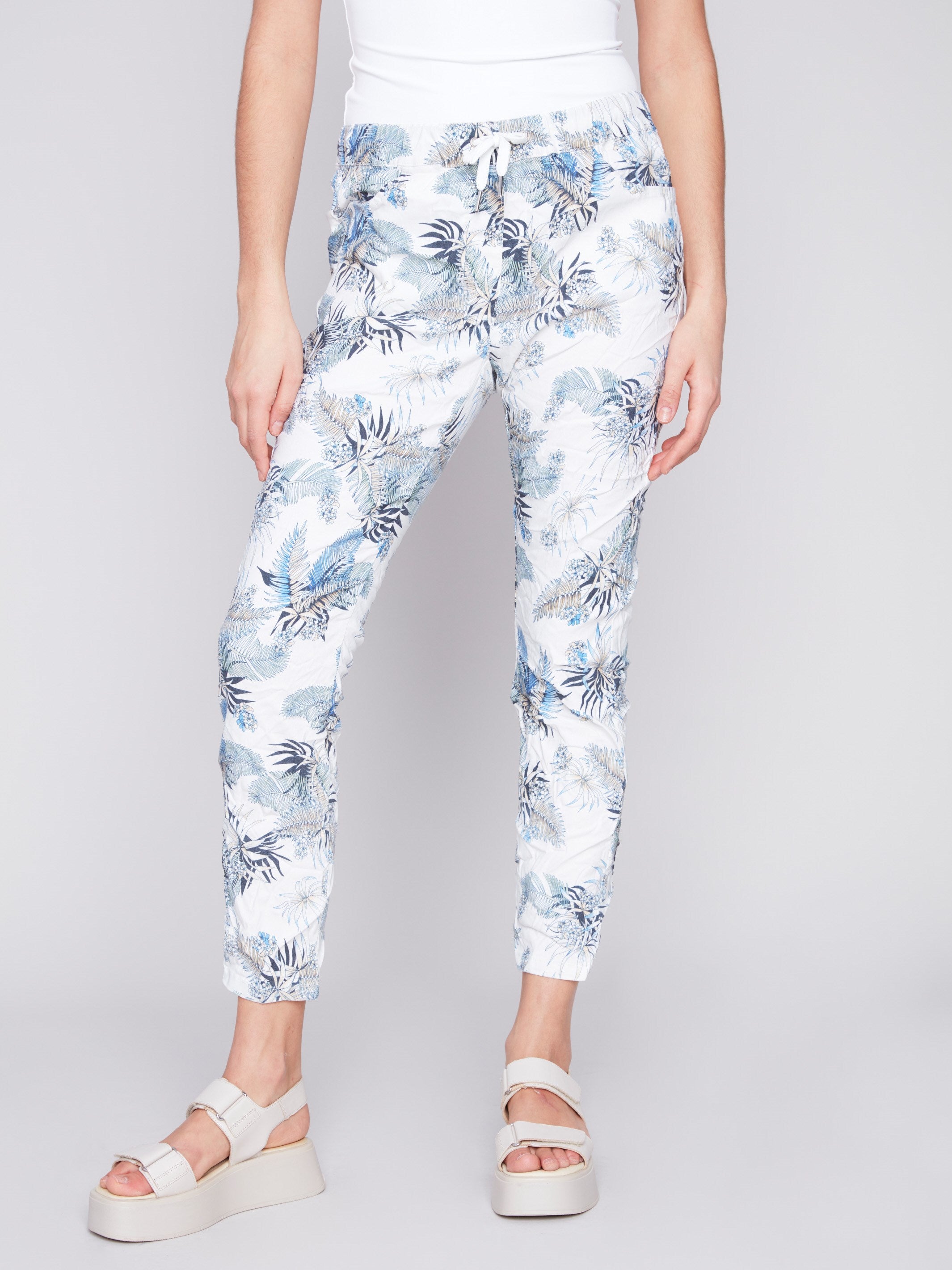 Printed Crinkle Jogger Pants Summer Leaf Charlie B