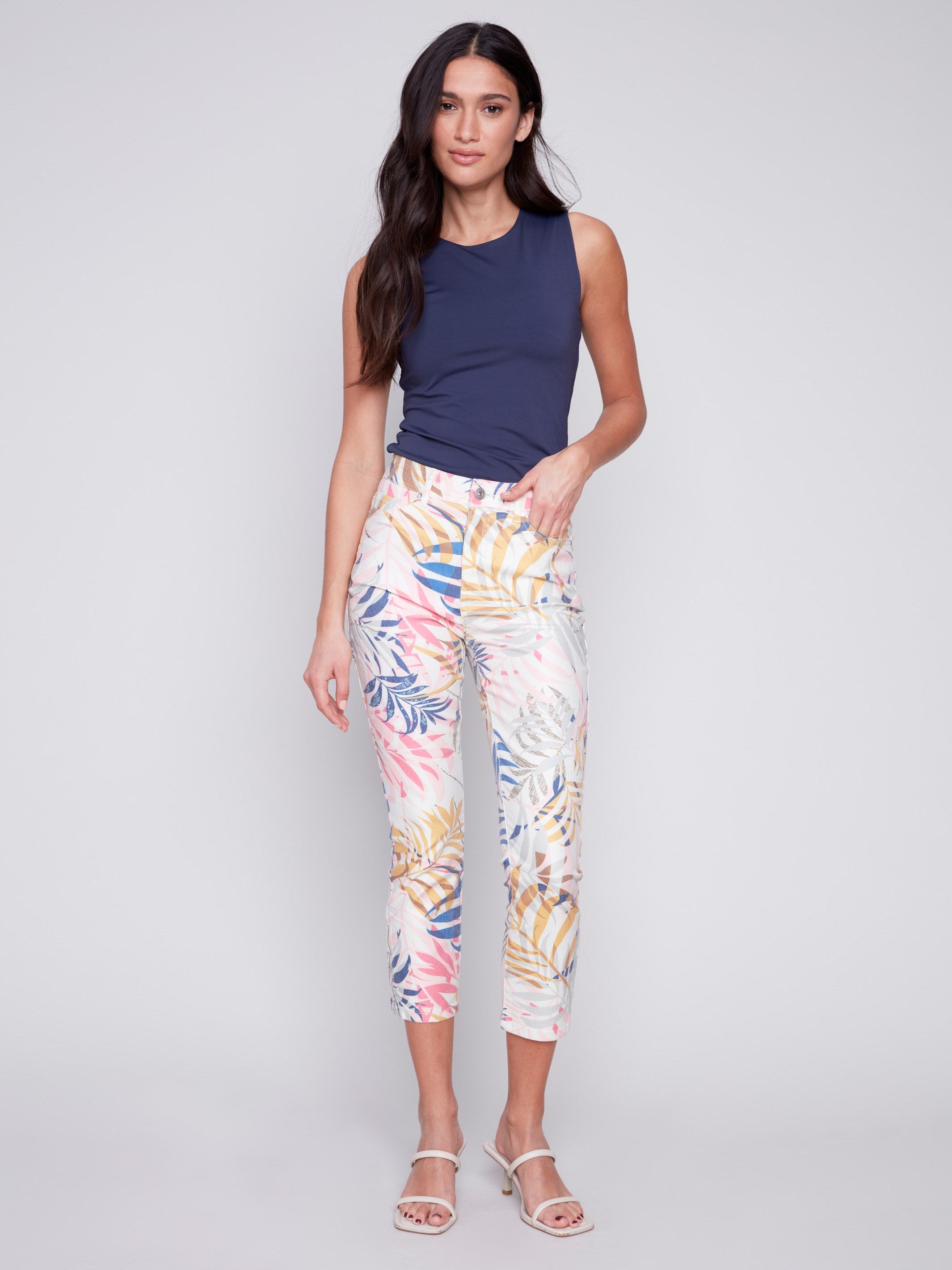 Charlie B Printed Cropped Twill Pants with Zipper Detail - Leaf - Image 1