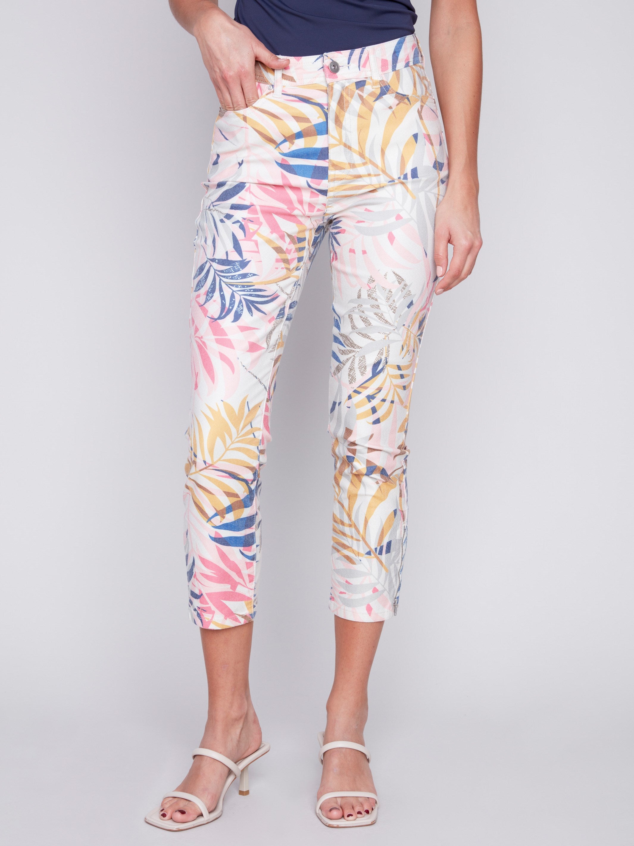 Charlie B Printed Cropped Twill Pants with Zipper Detail - Leaf - Image 2