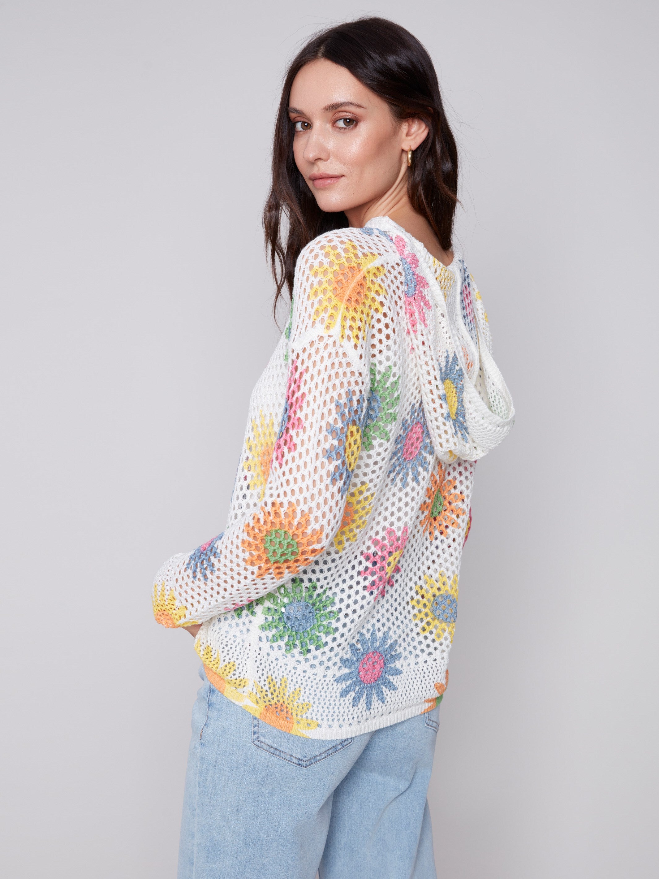 Charlie B Printed Fishnet Crochet Hoodie Sweater - Daisies - Image 2