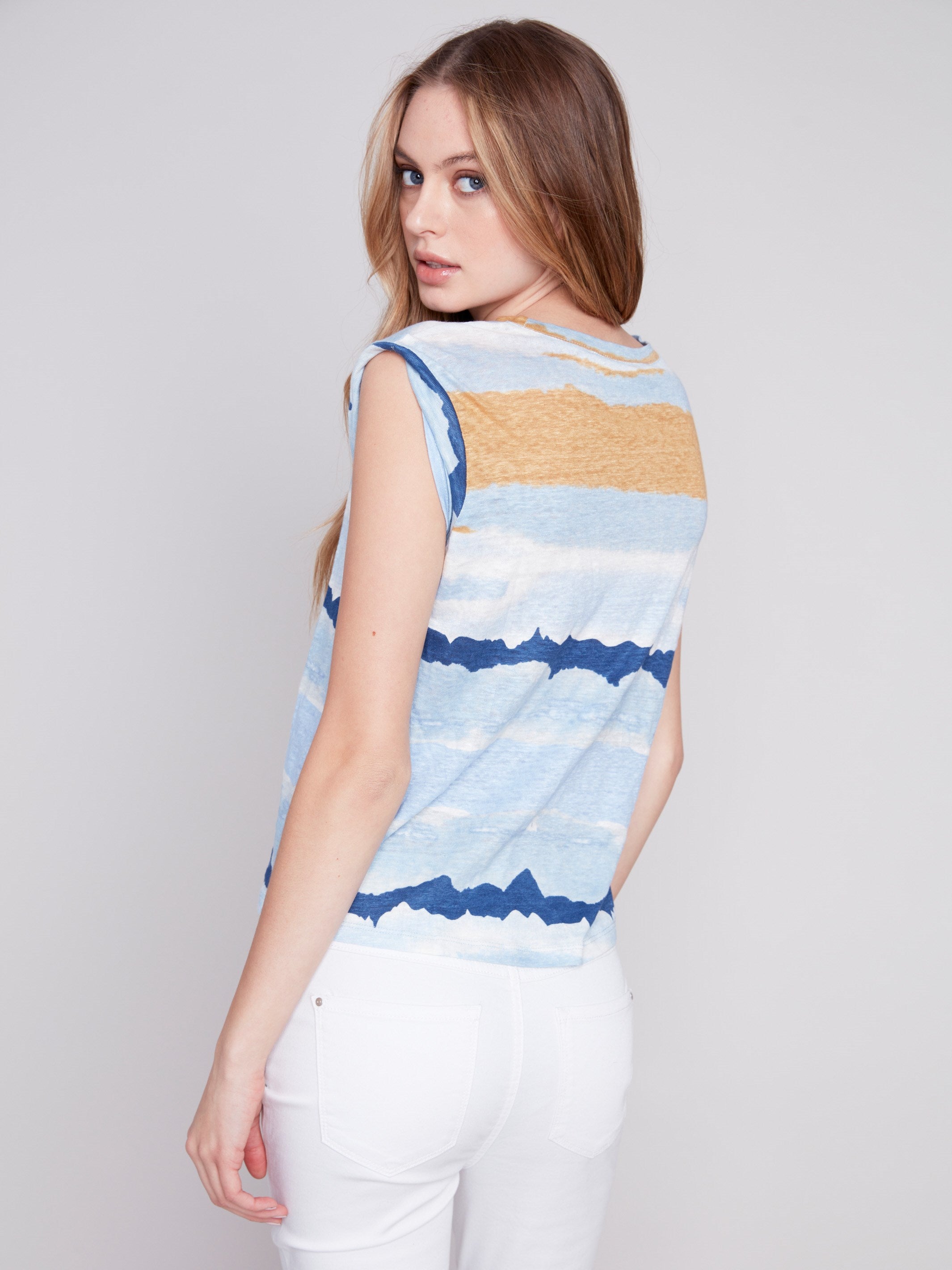 Charlie B Printed Linen Tank Top with Sleeve Detail - Corn - Image 2