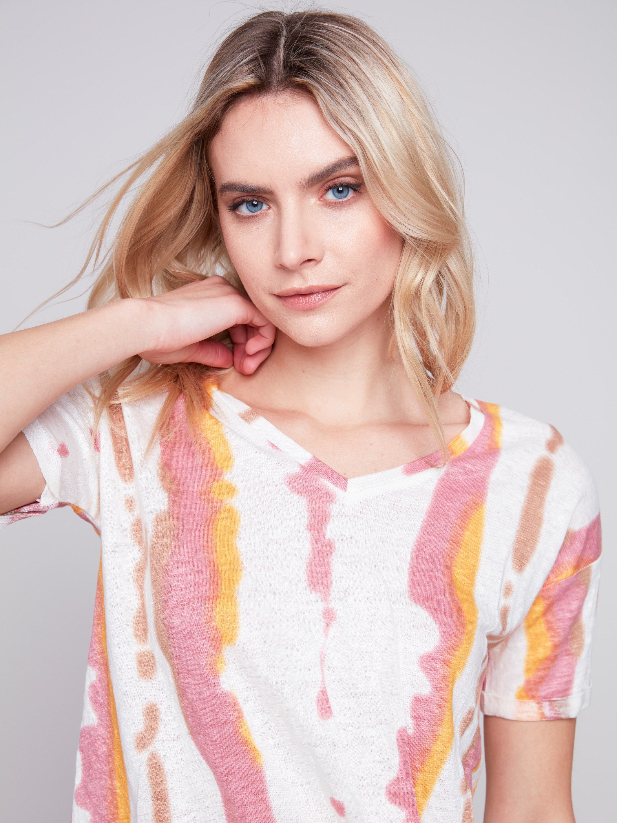 Charlie B Printed Linen Top With Front Twist Knot - Natural - Image 4
