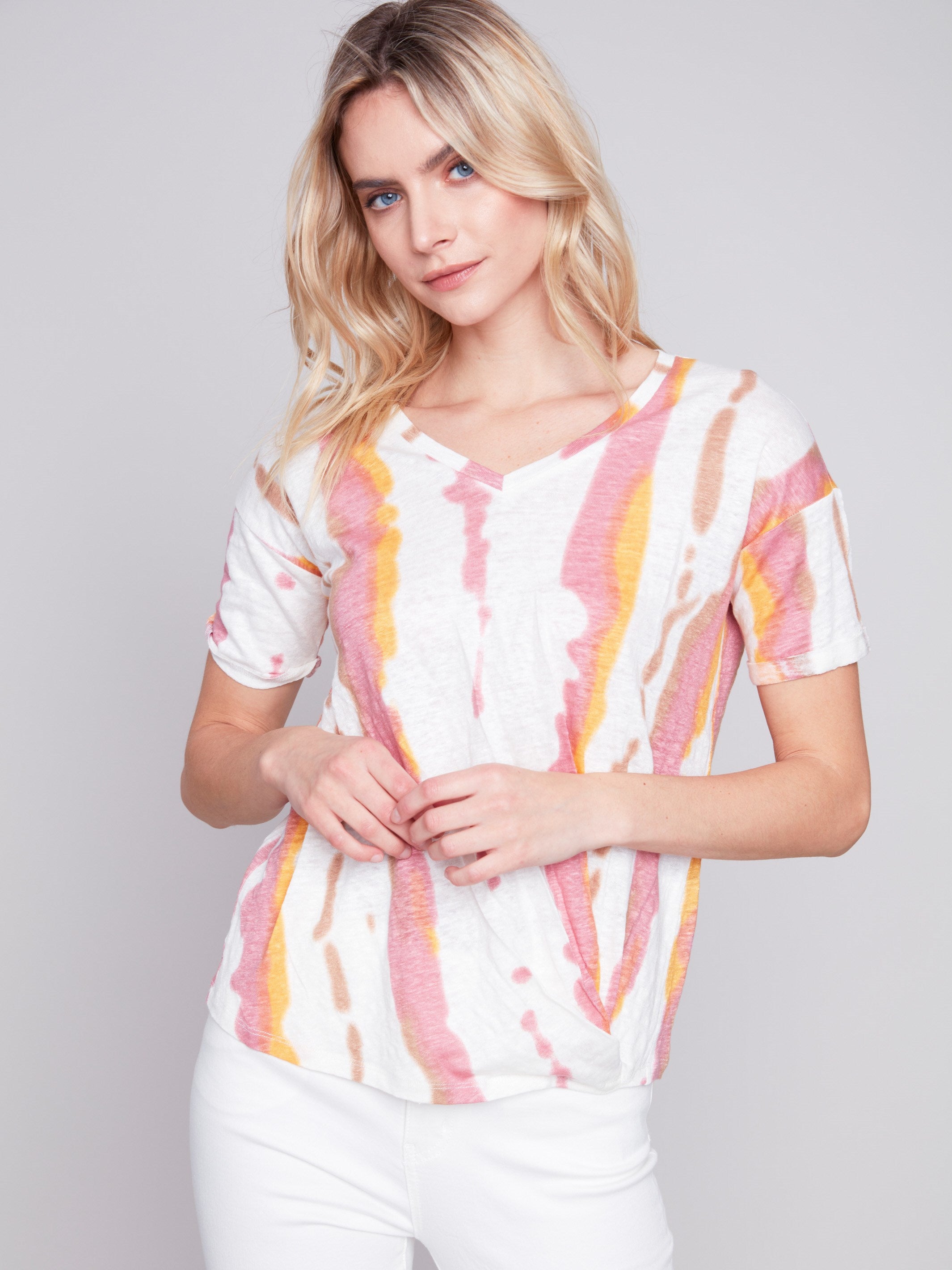 Charlie B Printed Linen Top With Front Twist Knot - Natural - Image 5