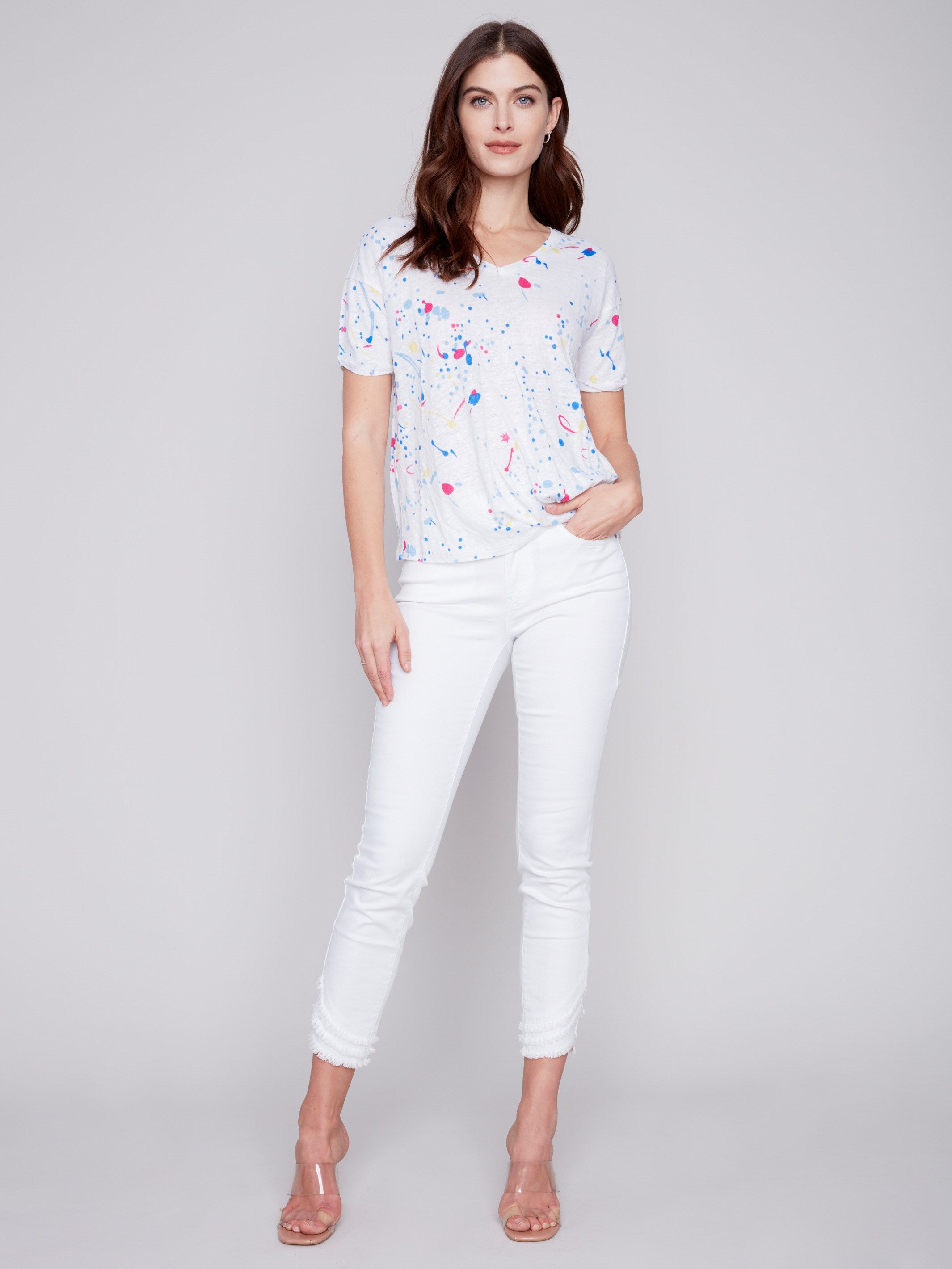 Charlie B Printed Linen Top With Front Twist Knot - Splash - Image 5