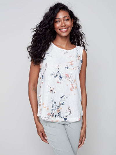 Printed Linen Top with Side Buttons - Bouquet - C4425 Charlie B Collection 1