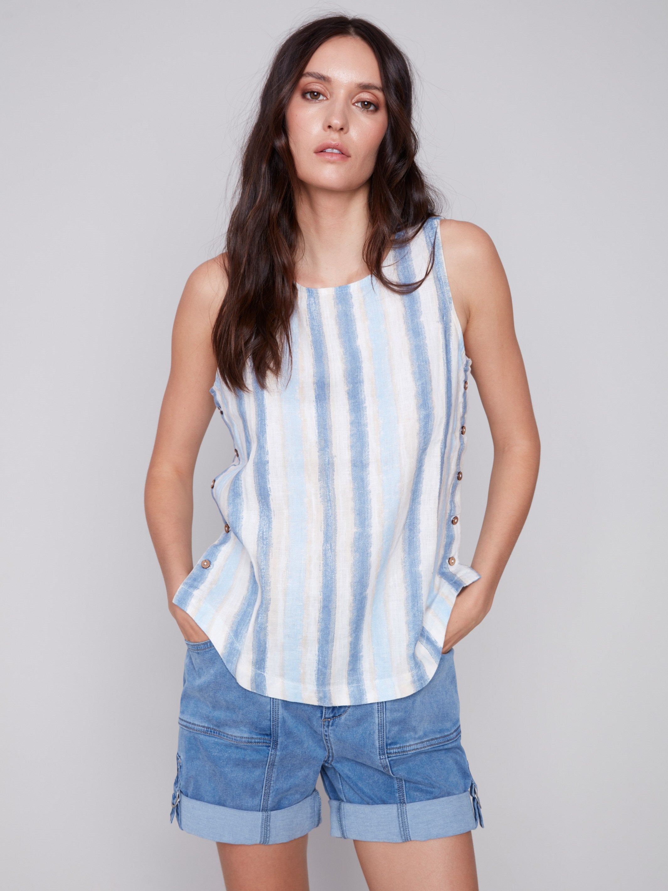 Charlie B Printed Linen Top with Side Buttons - Nautical - Image 4
