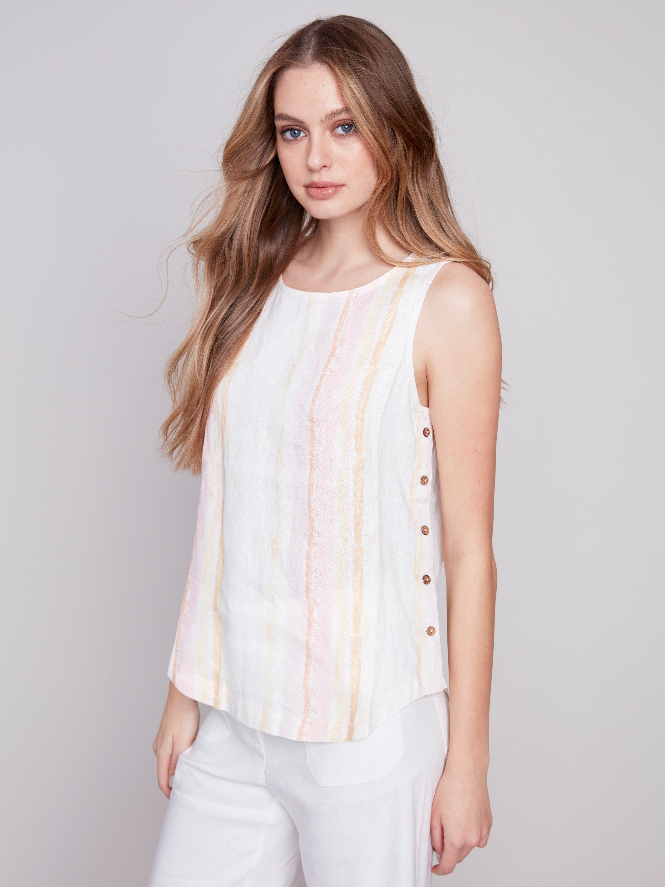Charlie B Printed Linen Top with Side Buttons - Tulip - Image 1