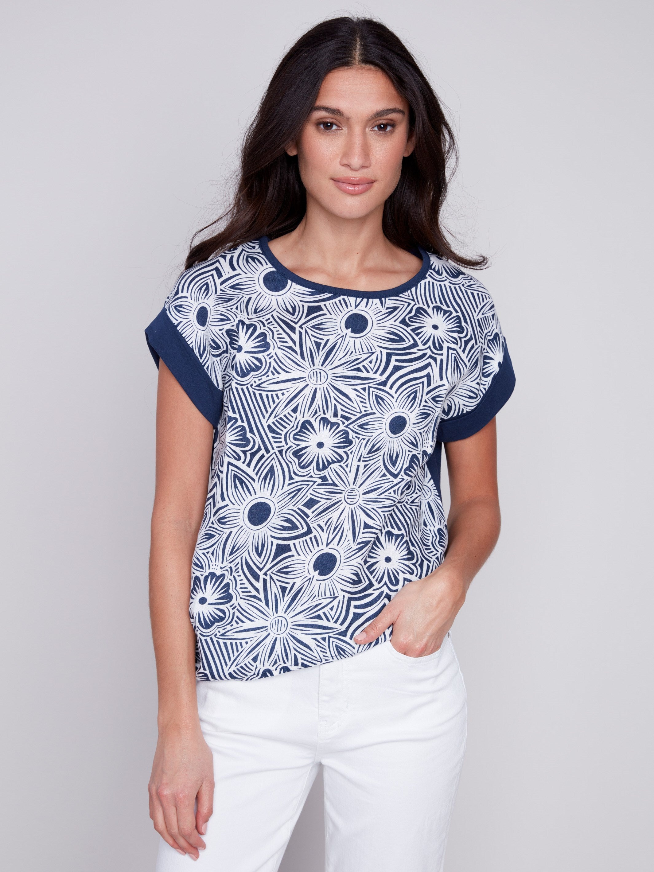 Charlie B Printed Linen Top with Side Tie - Navy - Image 1