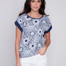 Charlie B Printed Linen Top with Side Tie - Navy - Image 1