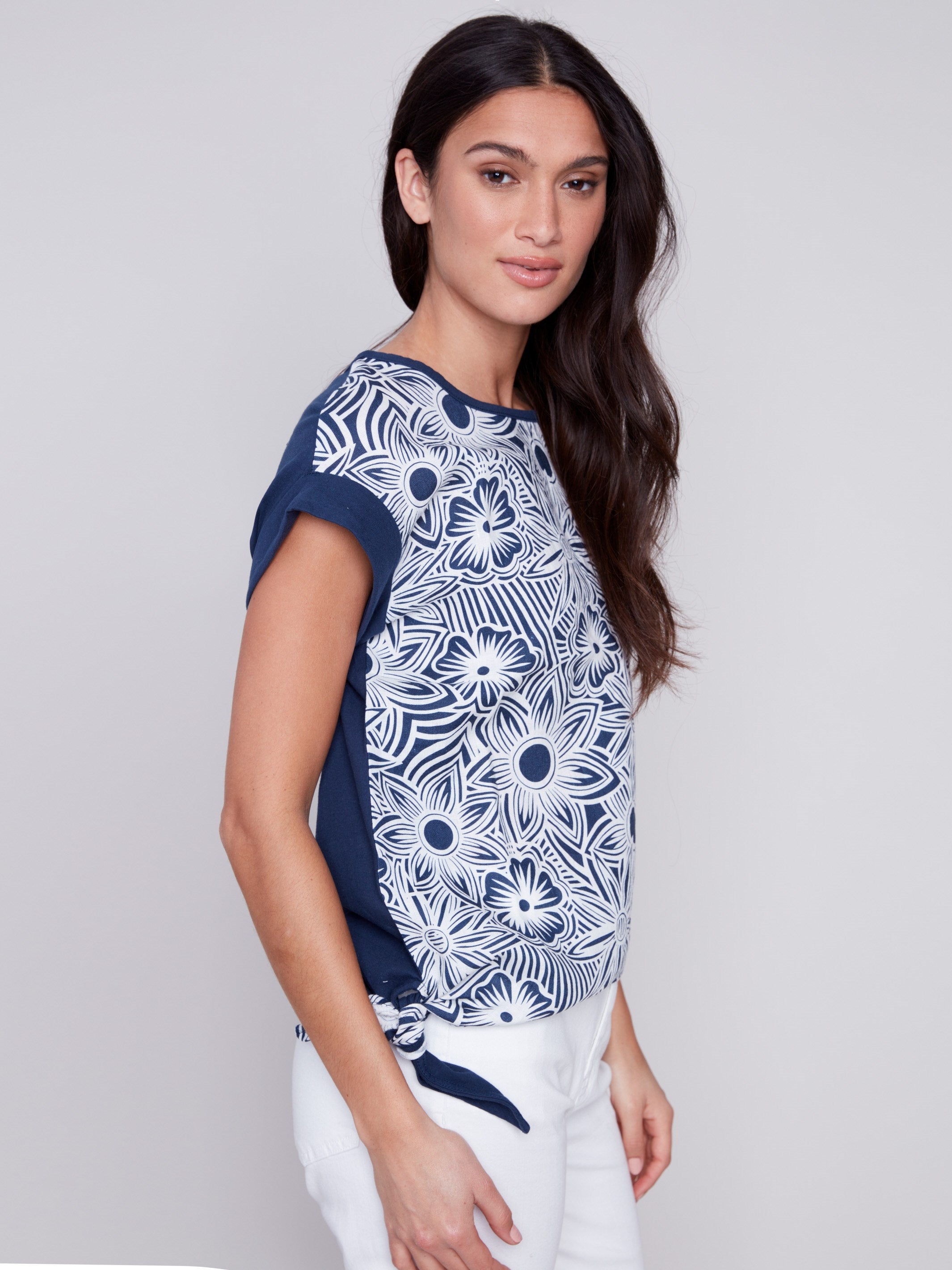 Charlie B Printed Linen Top with Side Tie - Navy - Image 2