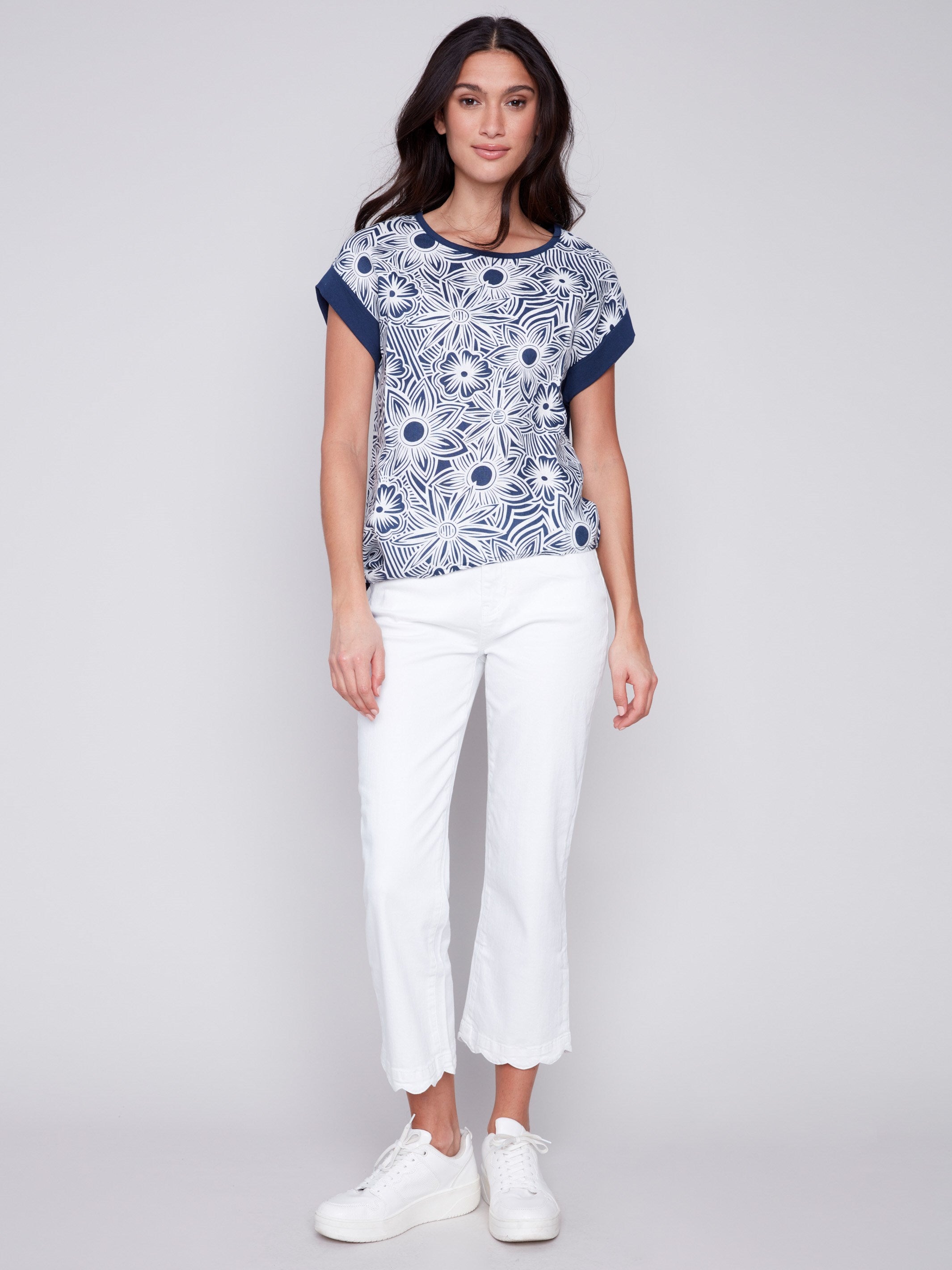 Charlie B Printed Linen Top with Side Tie - Navy - Image 3