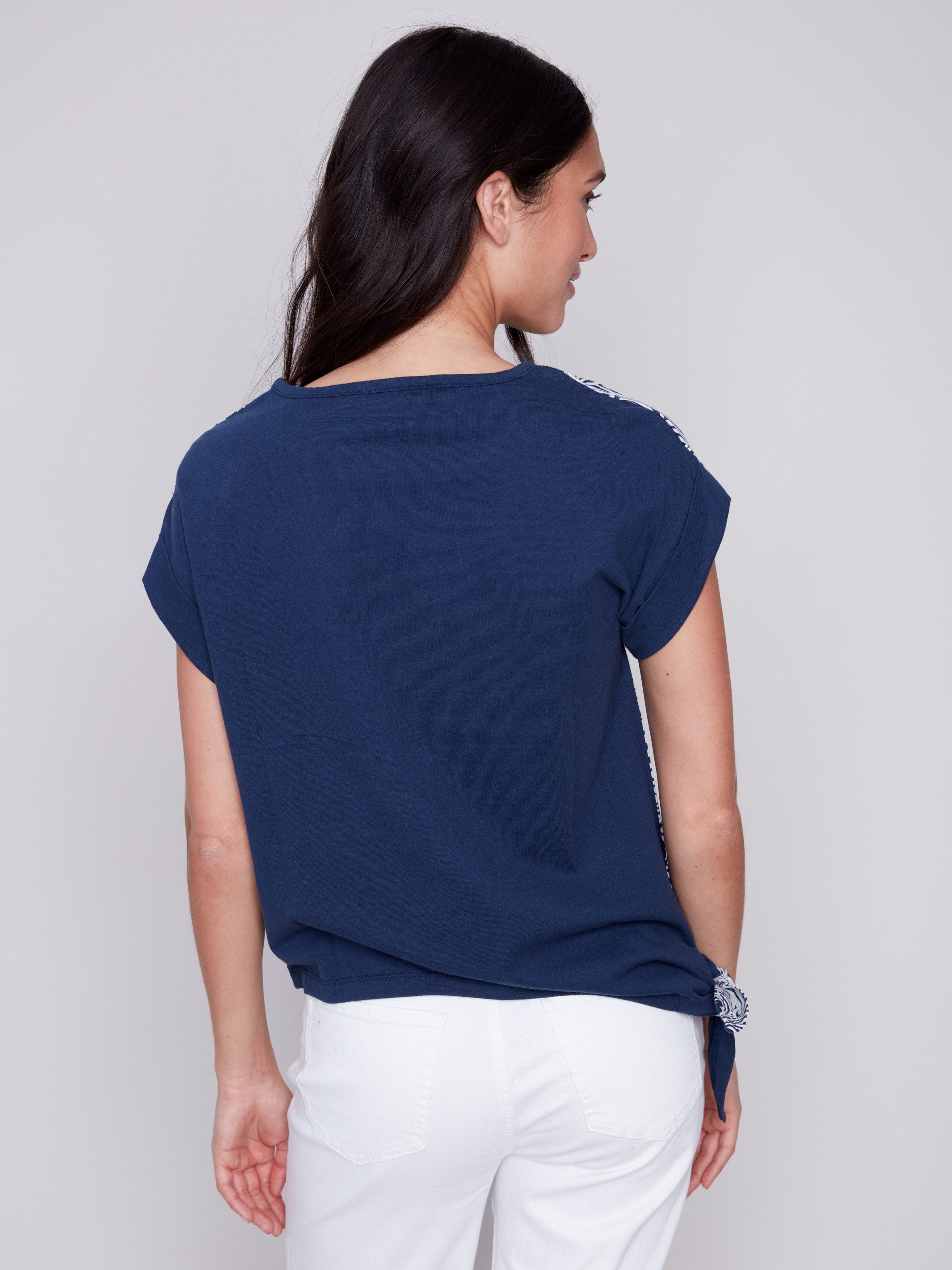 Charlie B Printed Linen Top with Side Tie - Navy - Image 5