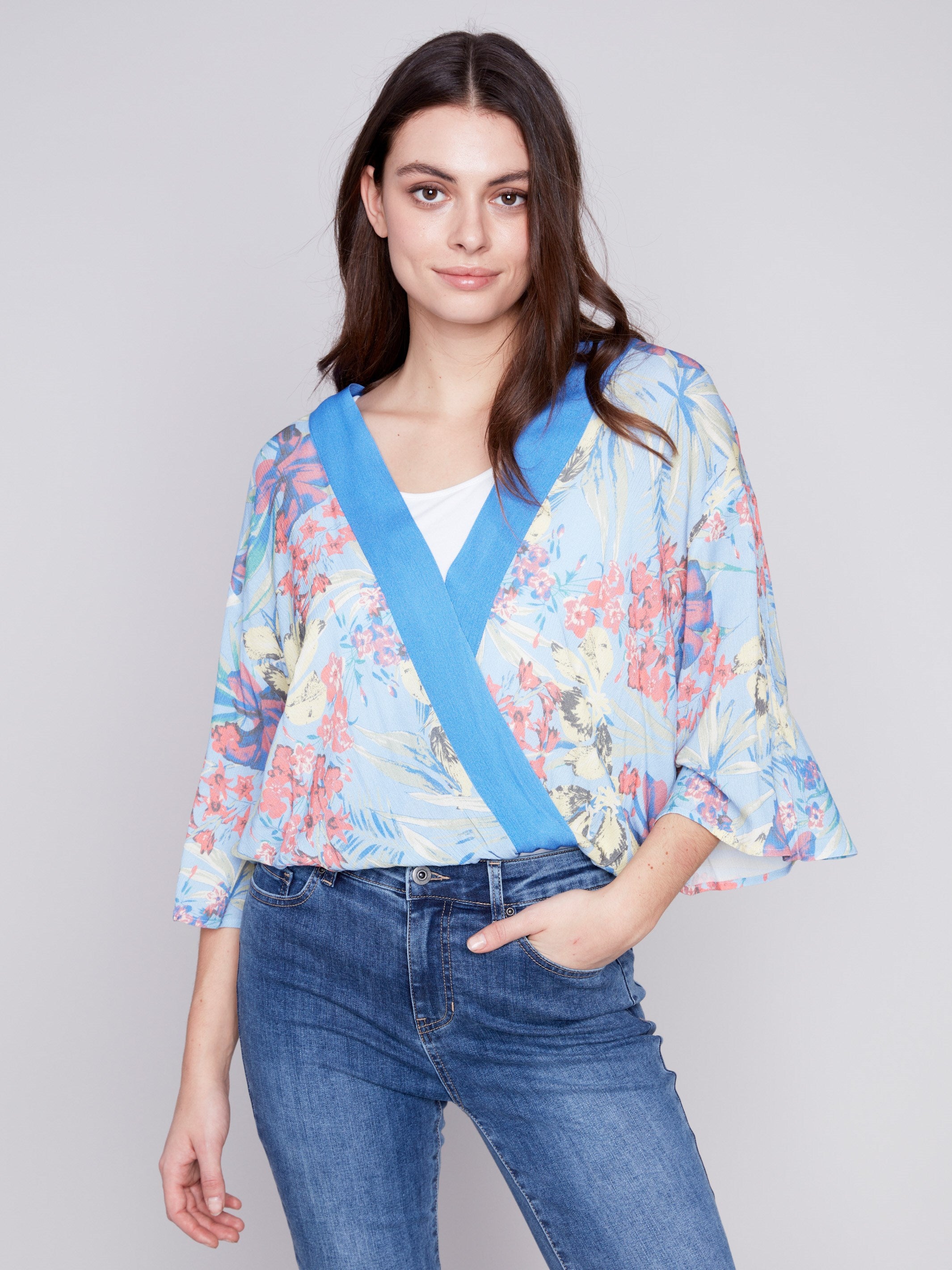 Charlie B Printed Overlap Blouse - Lillypad - Image 1