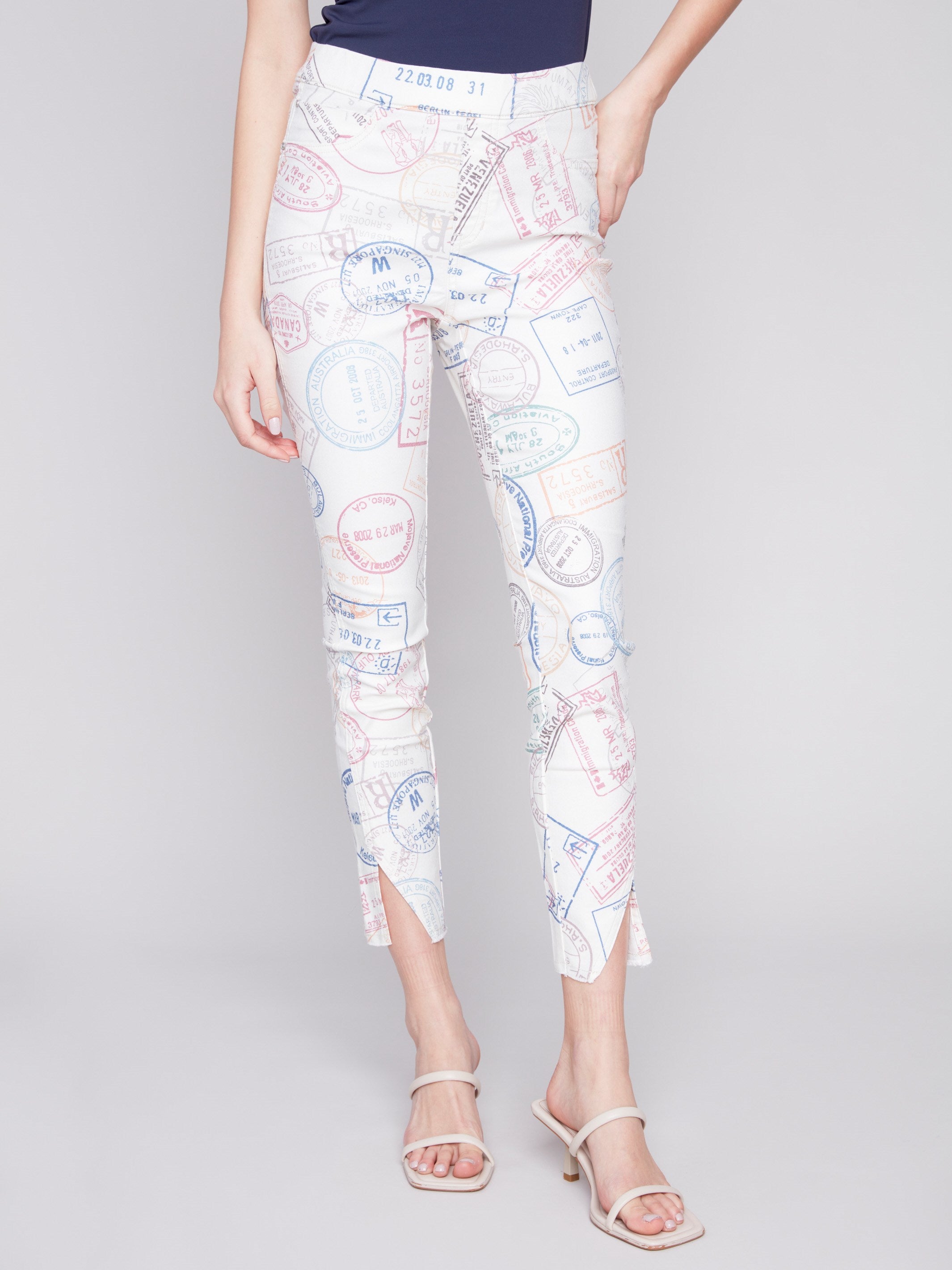 Charlie B Printed Pull-On Twill Pants with Split Hem - Stamps - Image 2