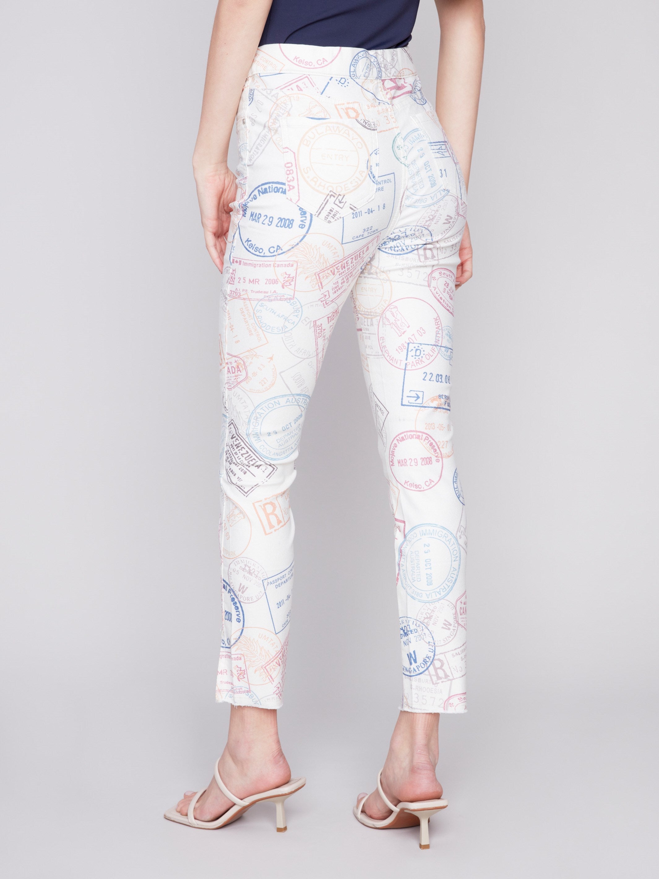 Charlie B Printed Pull-On Twill Pants with Split Hem - Stamps - Image 3
