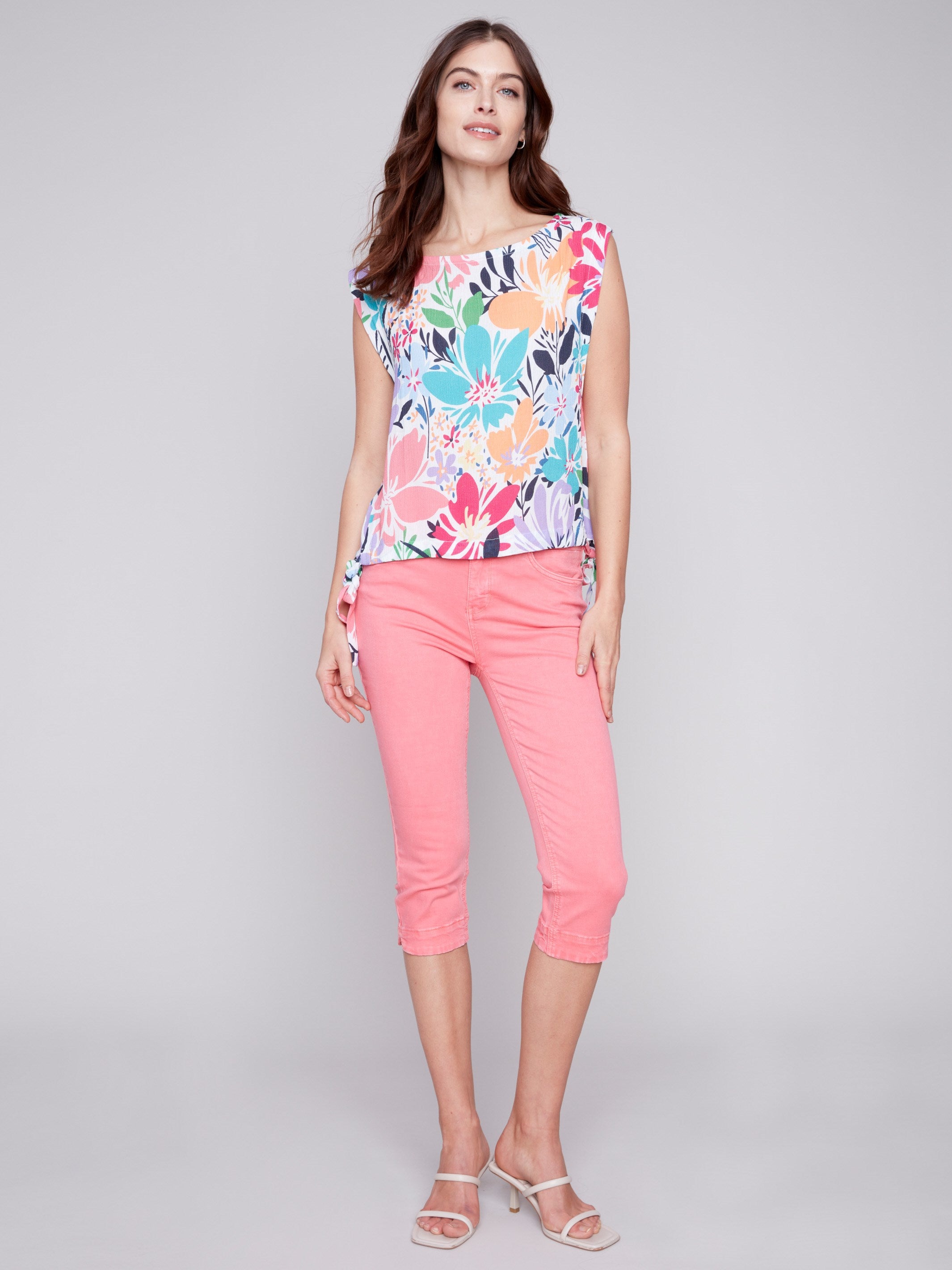 Charlie B Printed Sleeveless Blouse with Side Ties - Blossom - Image 3