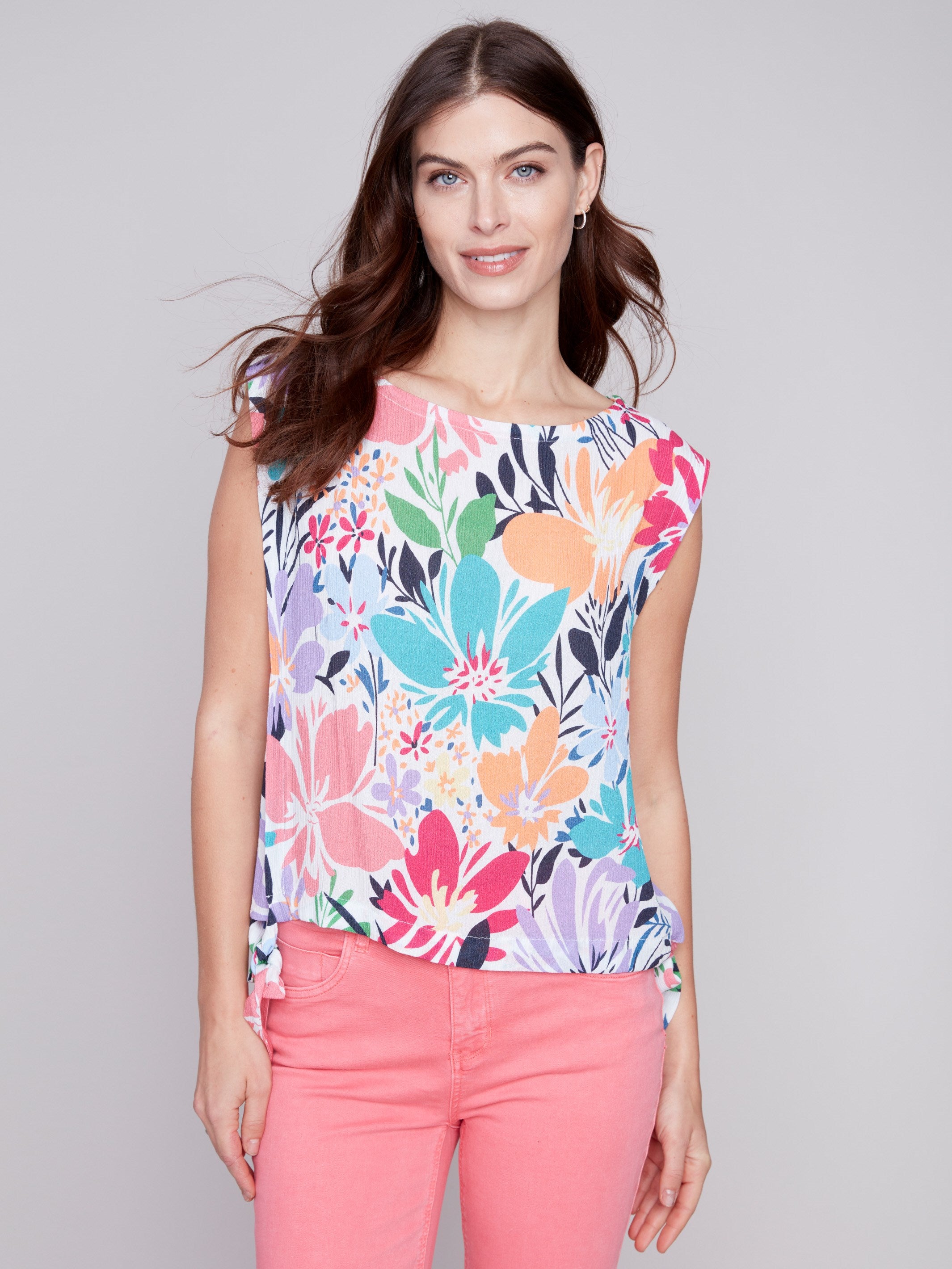 Charlie B Printed Sleeveless Blouse with Side Ties - Blossom - Image 4