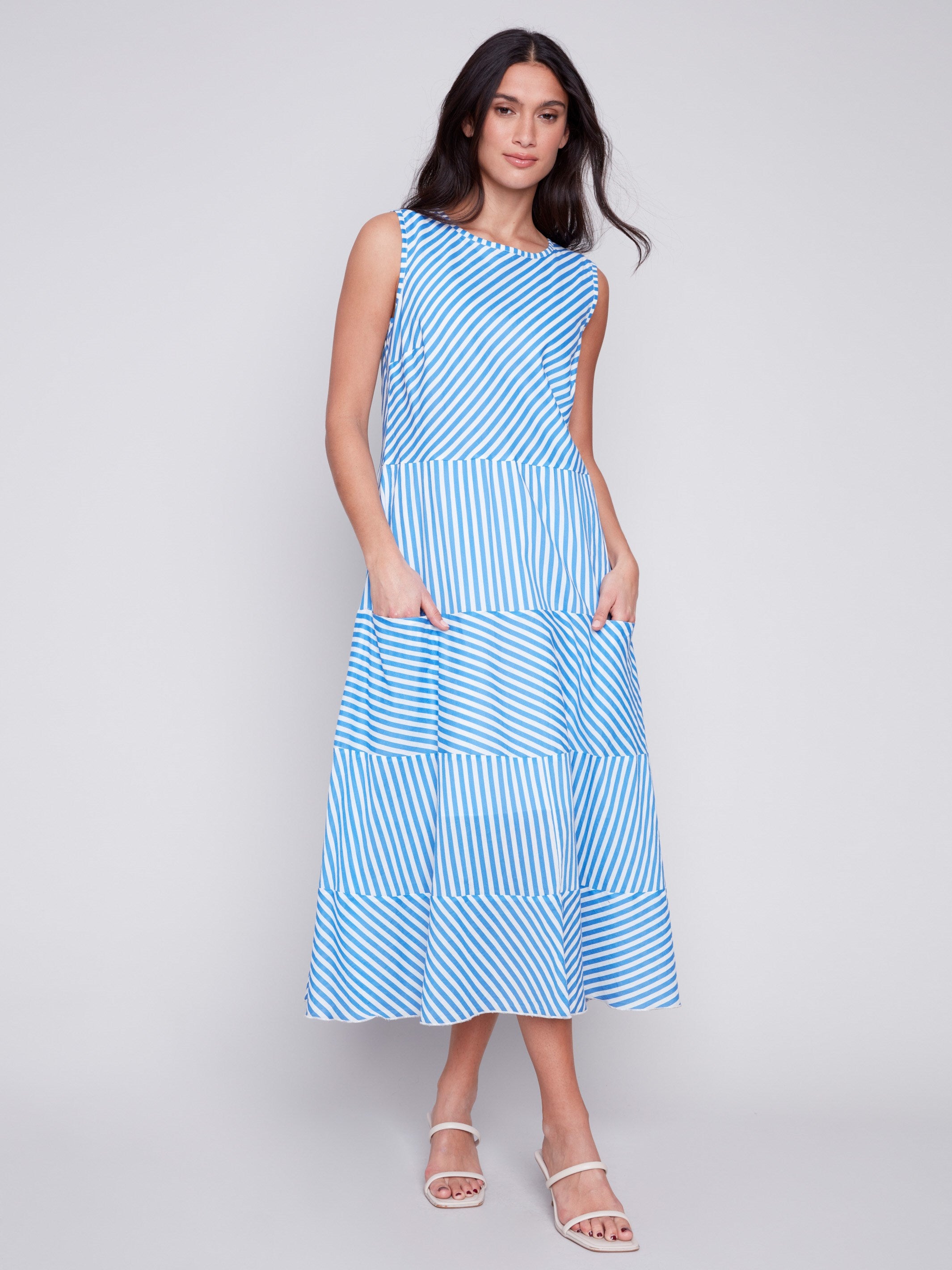 Printed Sleeveless Cotton Voile Dress - Blue