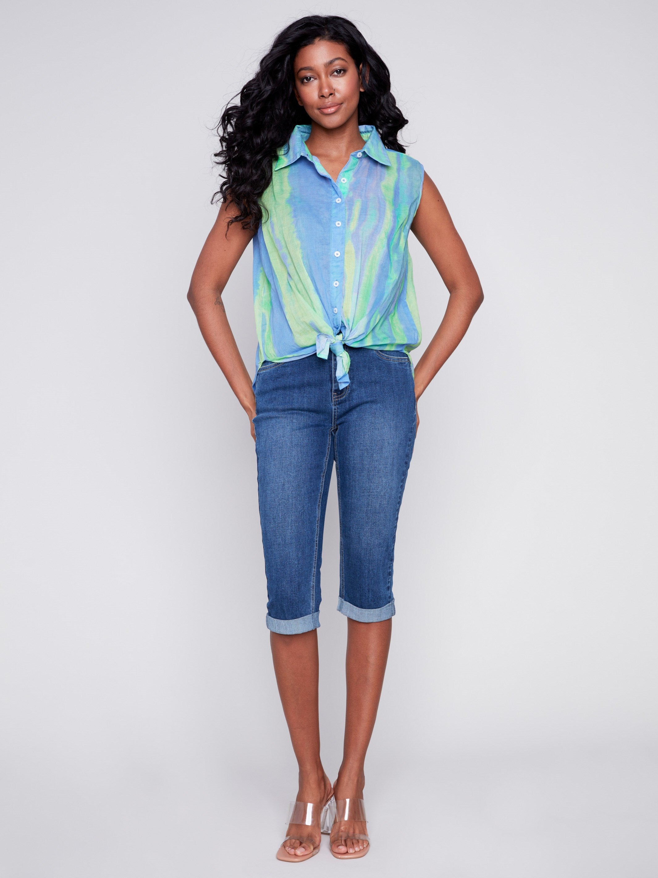 Printed Sleeveless Front Tie Cotton Shirt - Anise