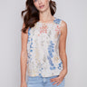 Charlie B Printed Sleeveless Linen Top with Button Detail - Garden - Image 1
