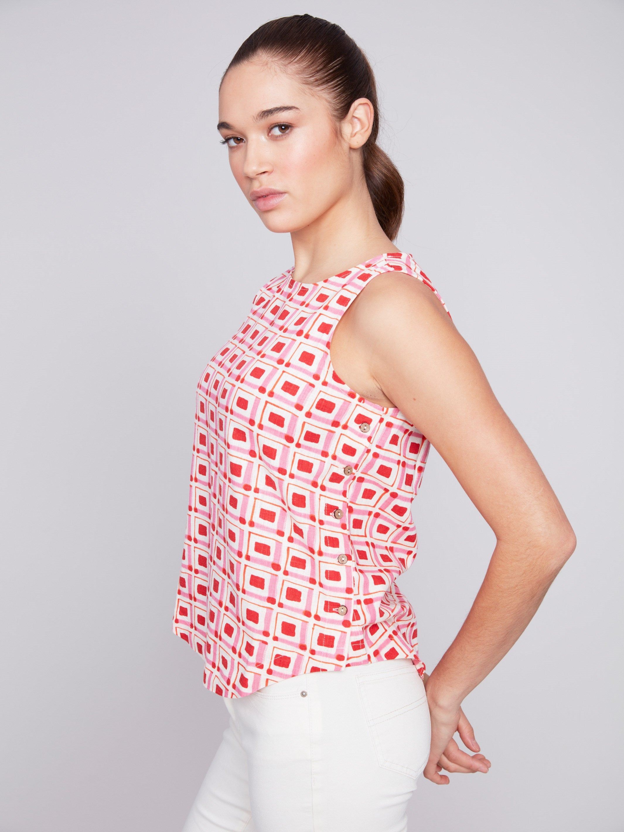 Charlie B Printed Sleeveless Top with Side Buttons - Cherry - Image 2