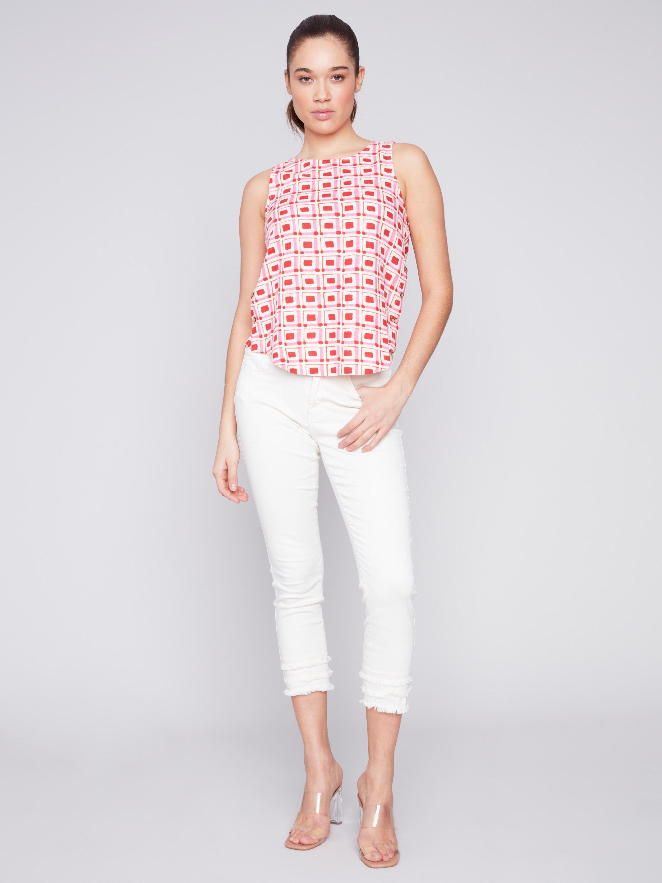 Charlie B Printed Sleeveless Top with Side Buttons - Cherry - Image 3
