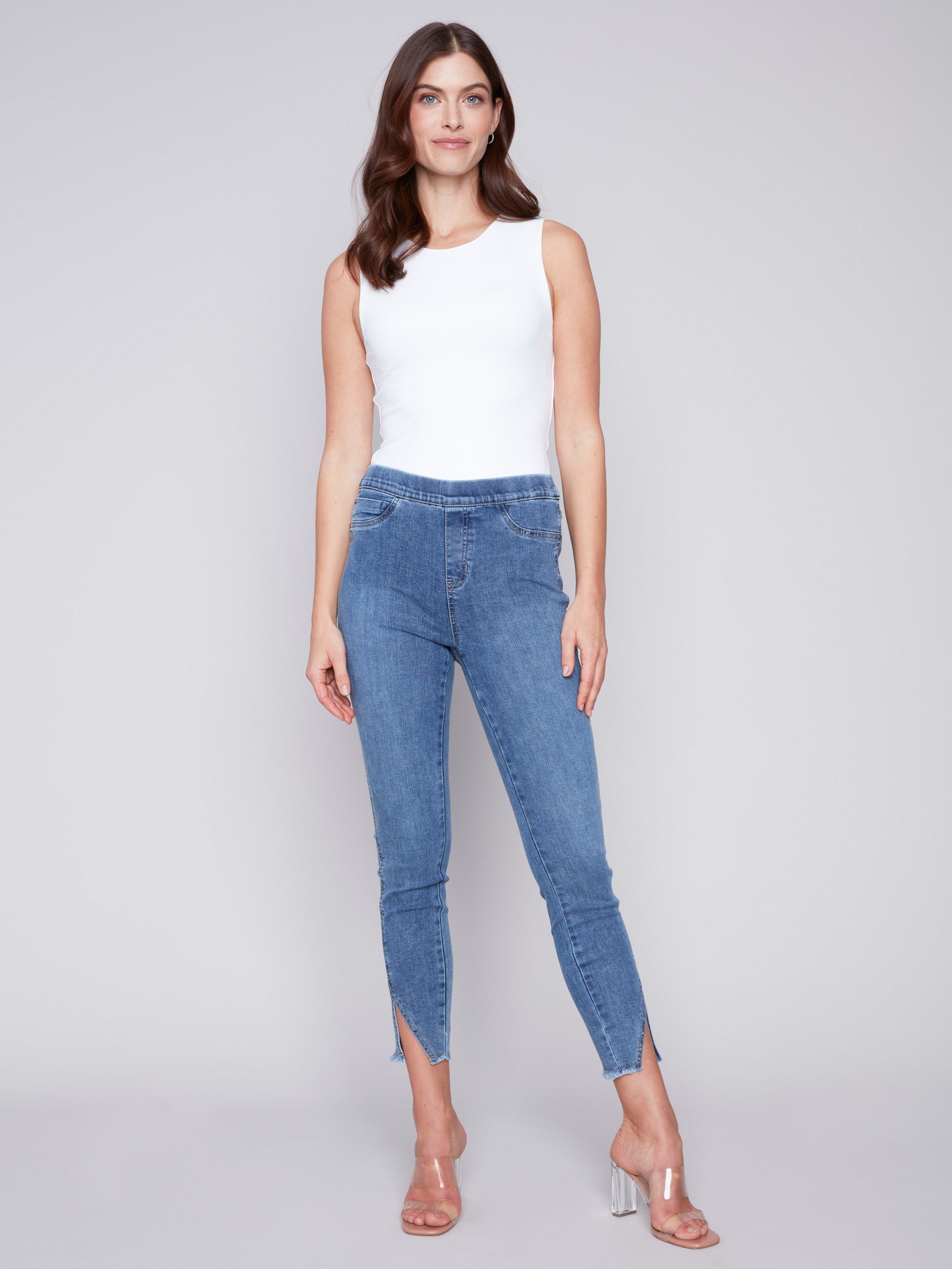 Charlie B Pull-On Jeans with Split Hem - Medium Blue - Image 4