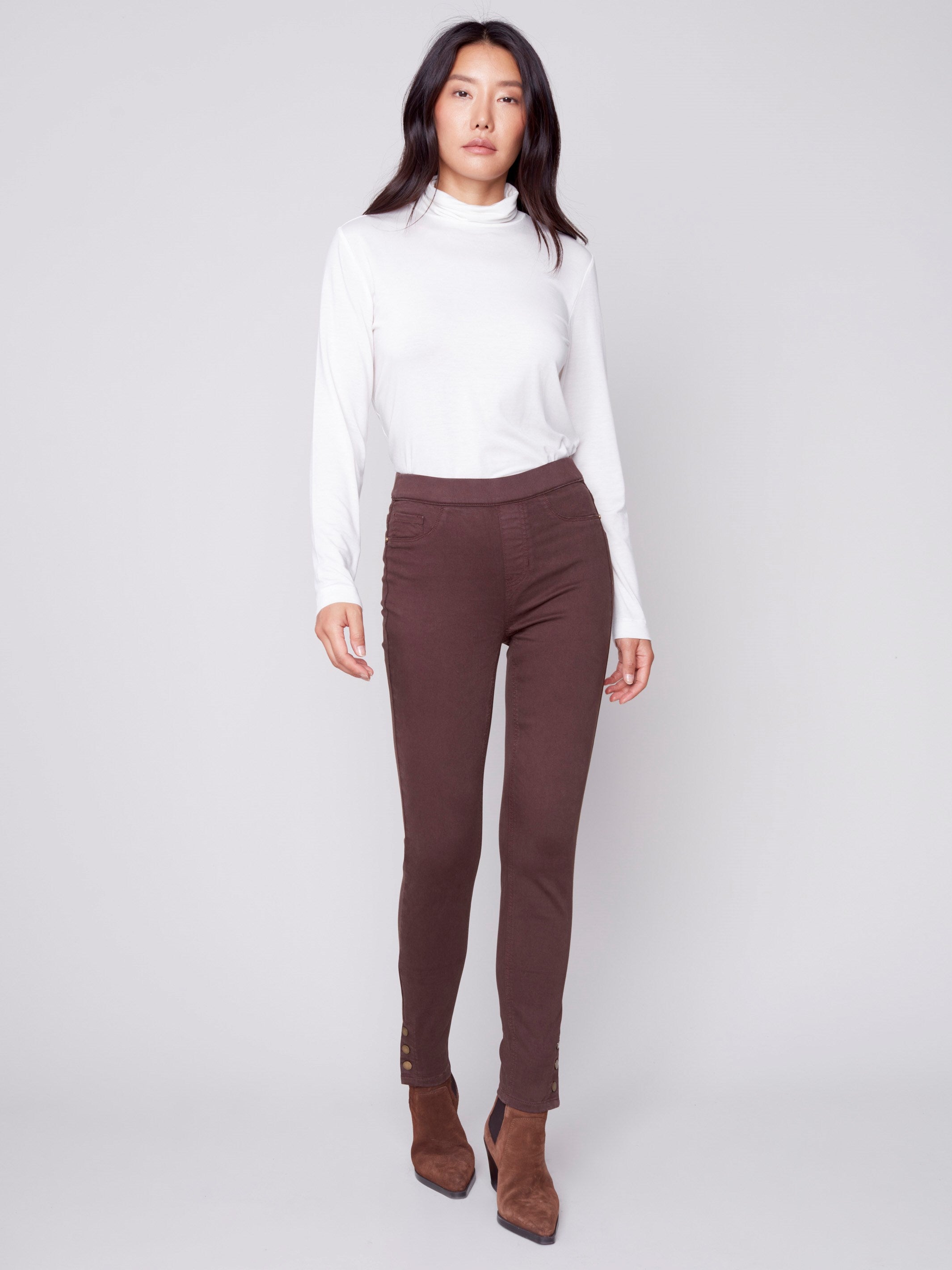 Pull-On Twill Pants with Snap Button Hem - Chocolate