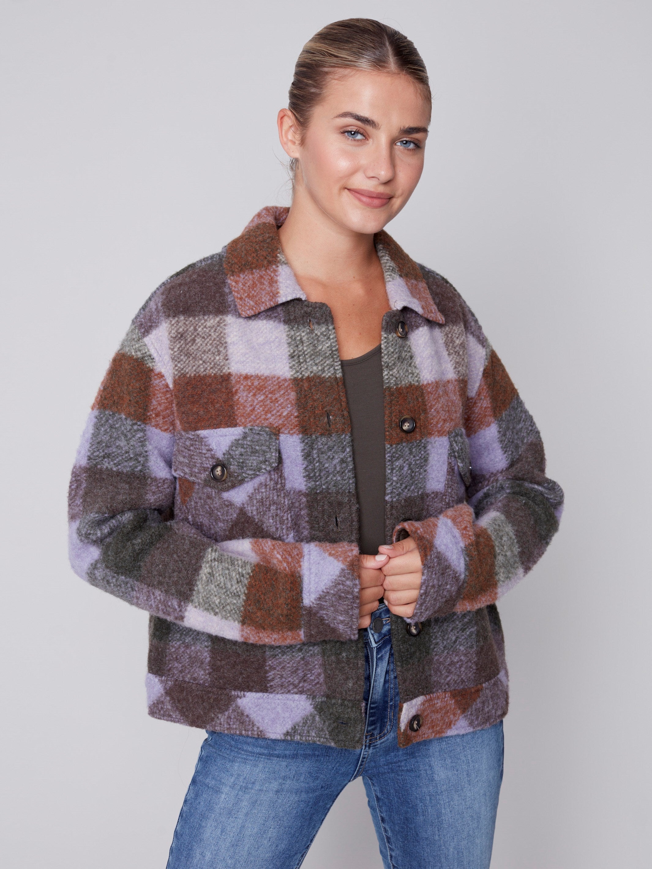 Short Plaid Boiled Wool Jacket - Spruce