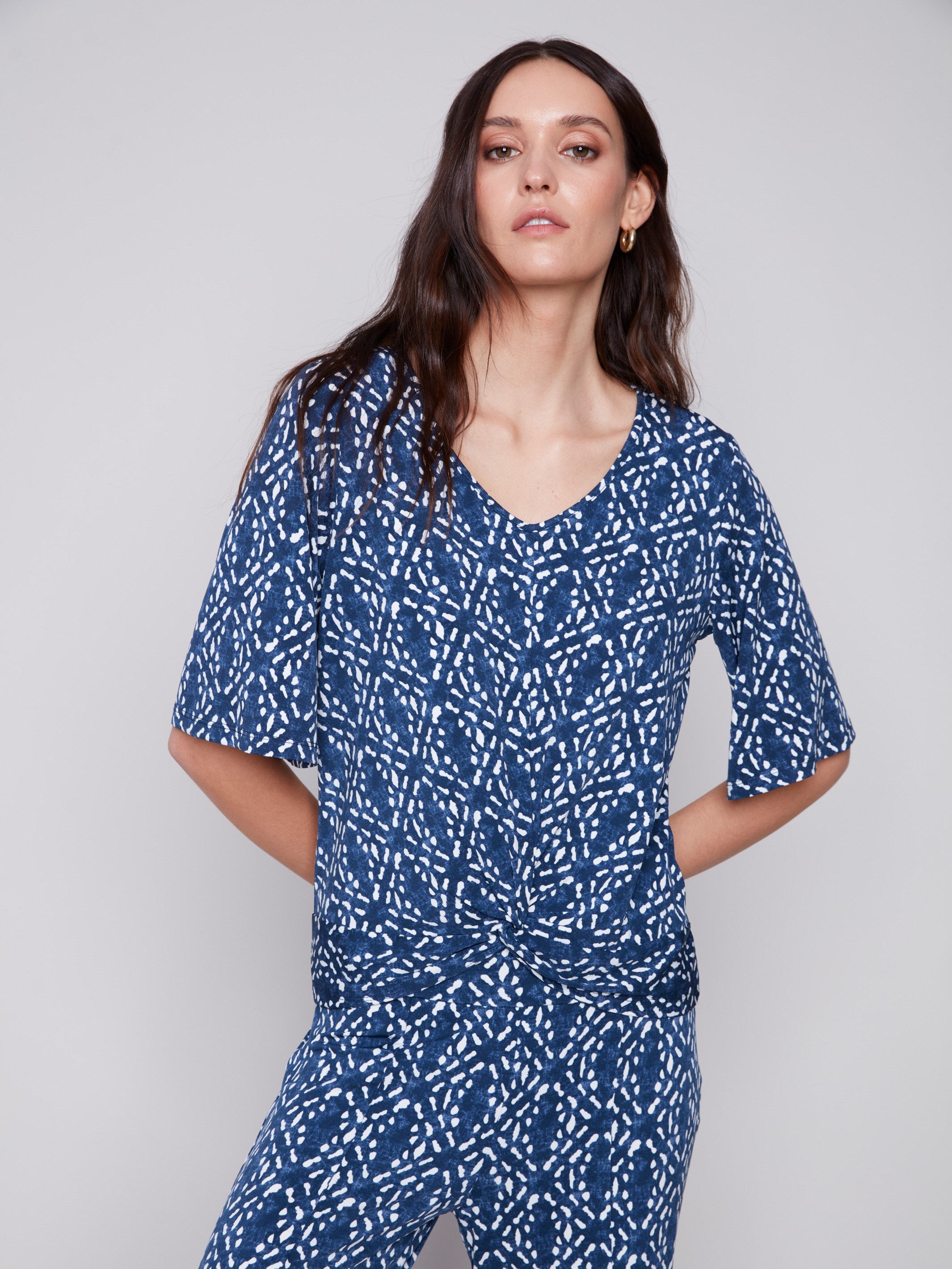 Charlie B Short-Sleeved Printed Top with Front Knot - Indigo - Image 1