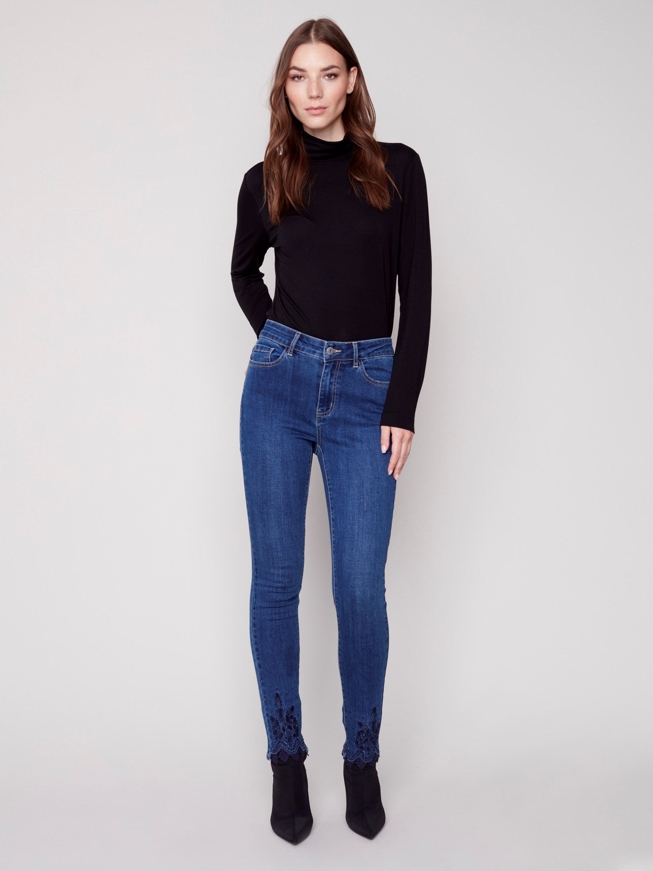 Skinny Jeans with Embroidered Scalloped Hem - Blue Jean