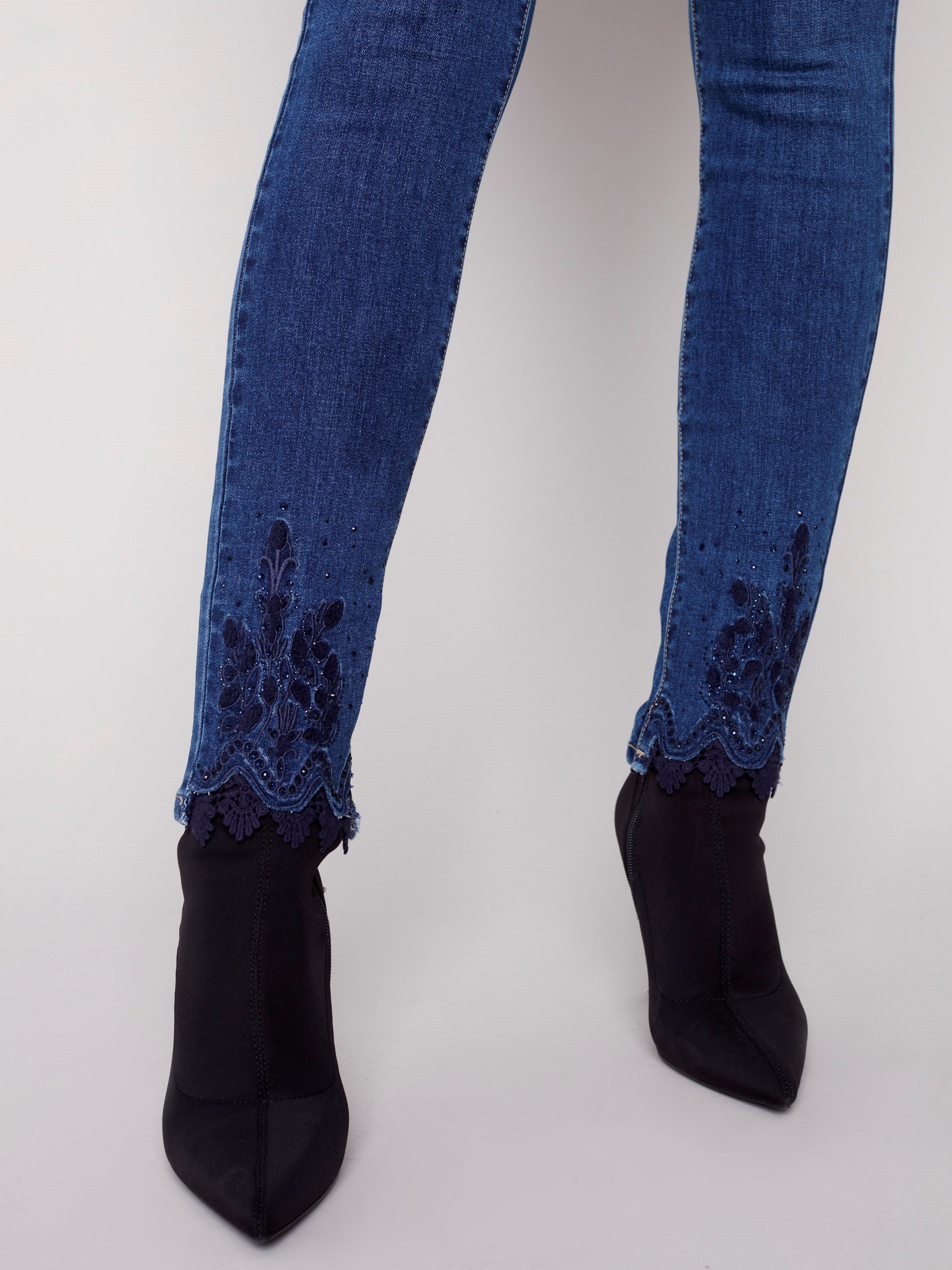Skinny Jeans with Embroidered Scalloped Hem - Blue Jean