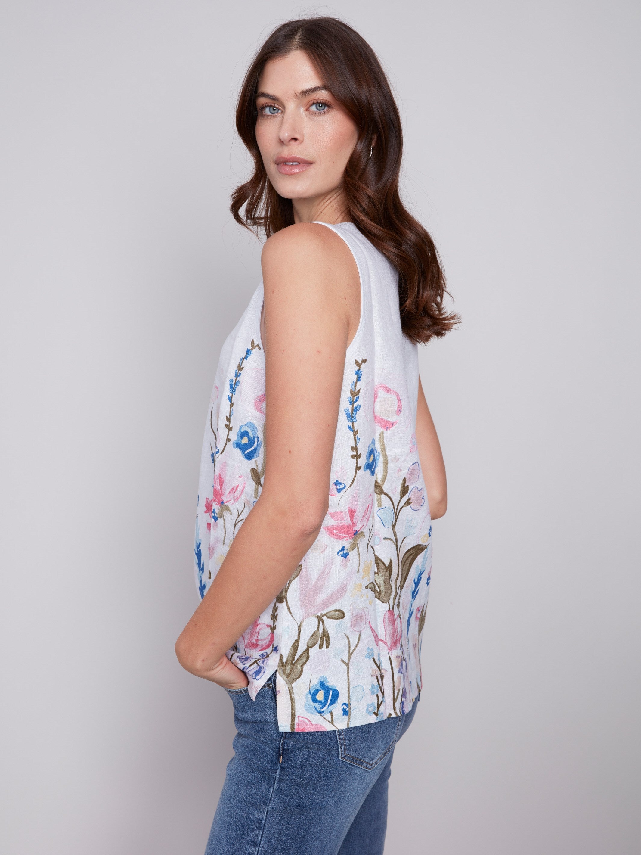 Charlie B Linen Sleeveless Tank With Side Buttons Sage main image 1
