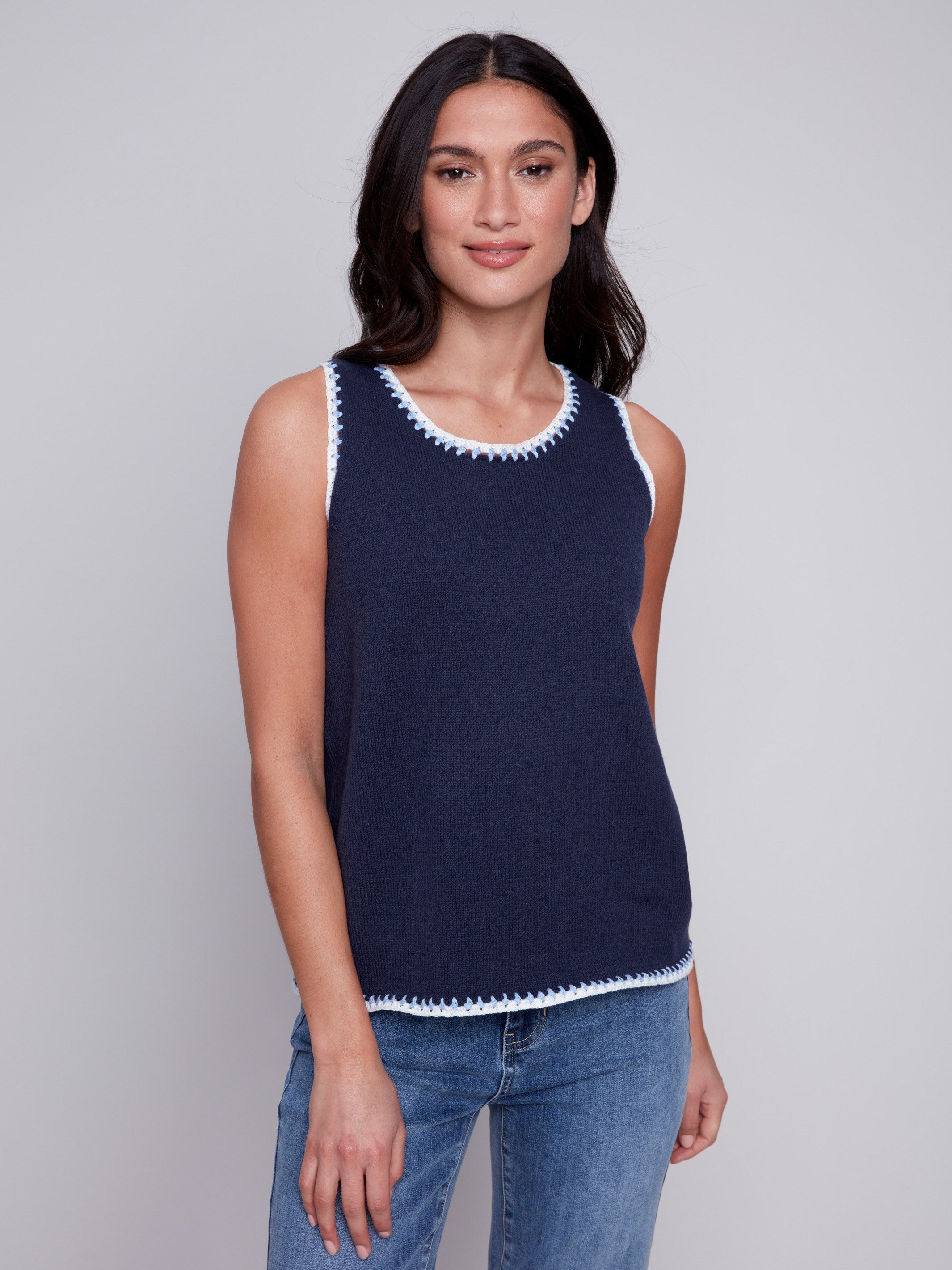 Charlie B Sleeveless Knit Top with Crochet Detail - Navy - Image 1