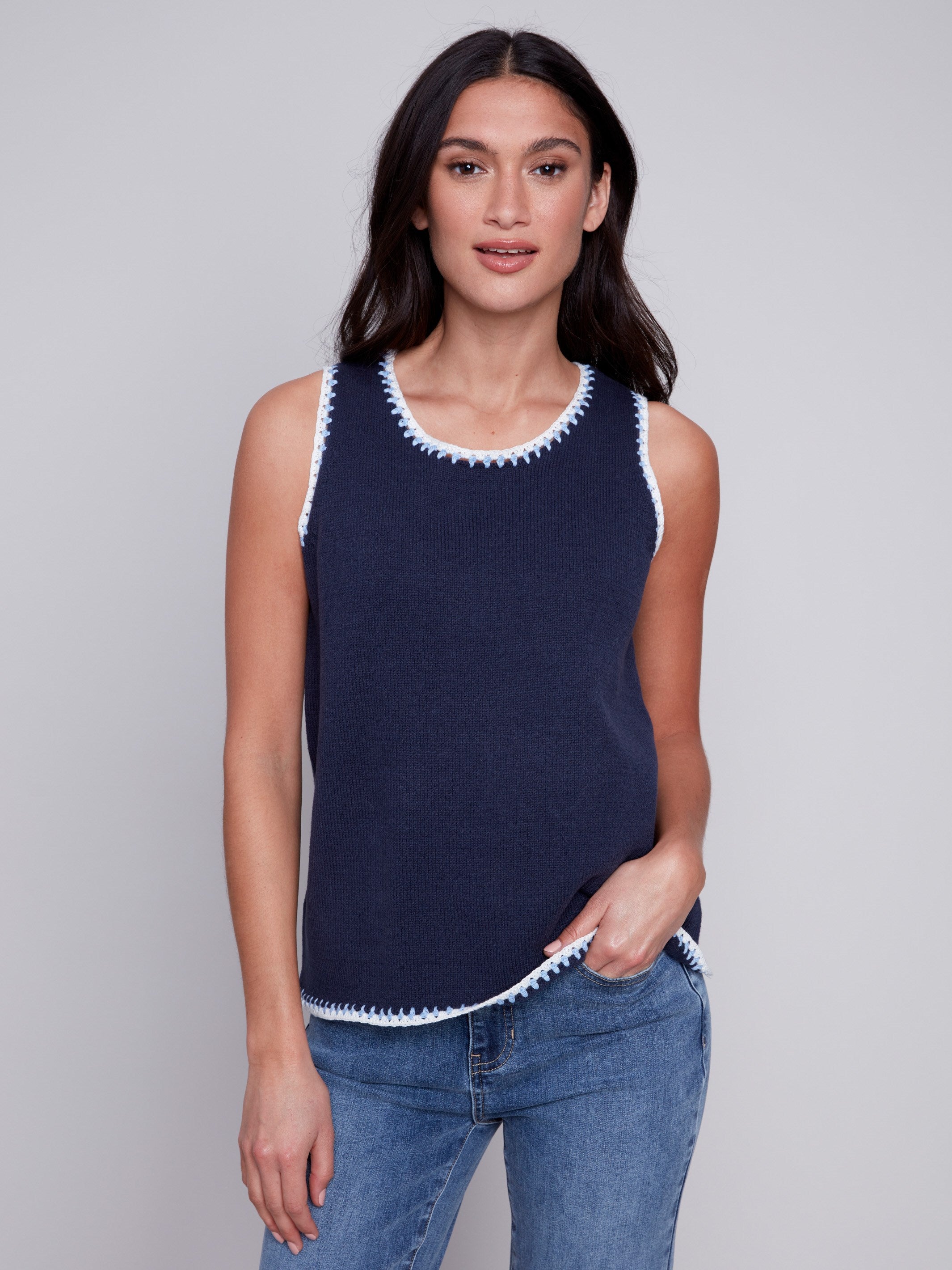 Charlie B Sleeveless Knit Top with Crochet Detail - Navy - Image 4
