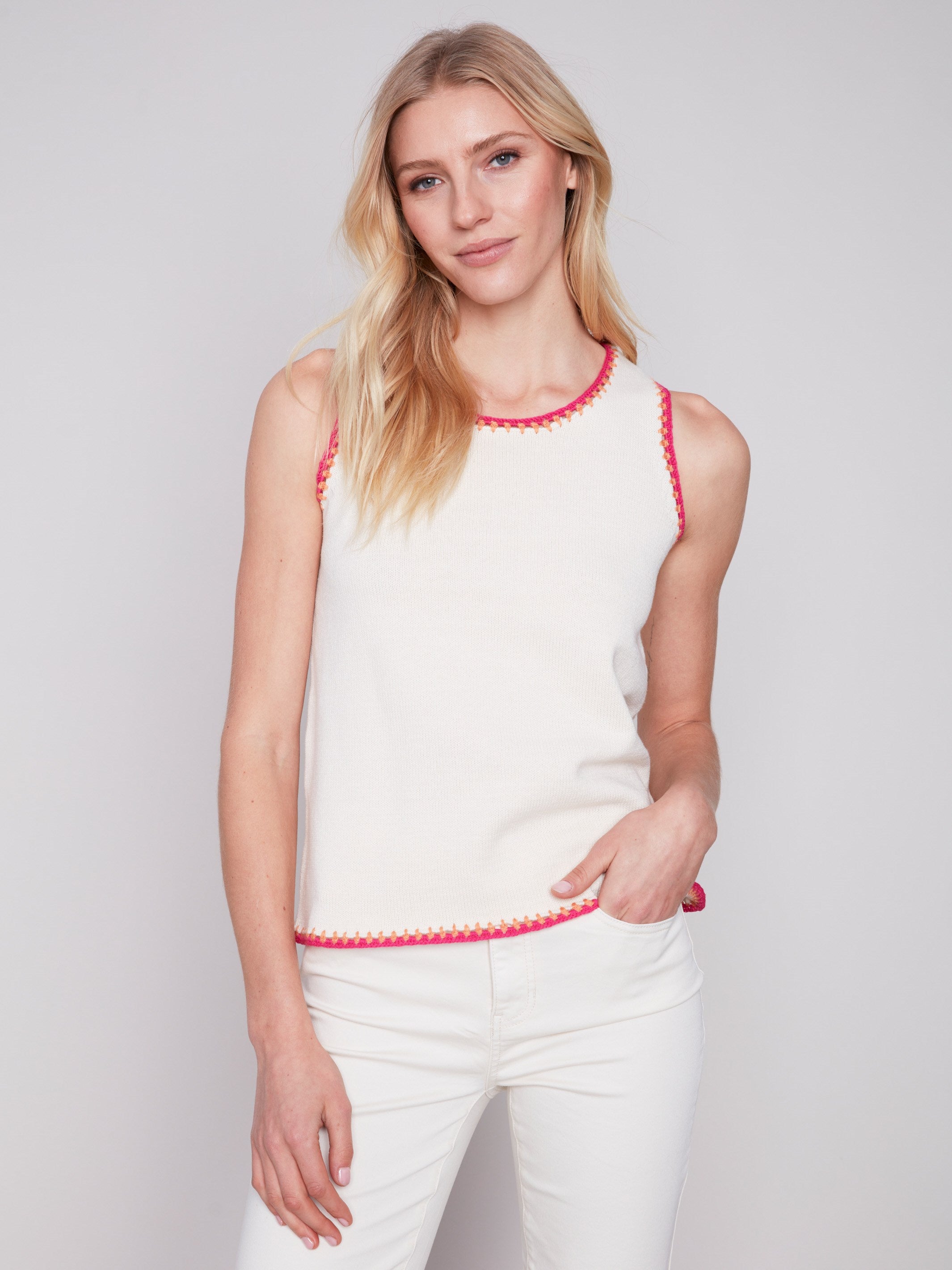 Charlie B Sleeveless Knit Top with Crochet Detail - Natural - Image 1