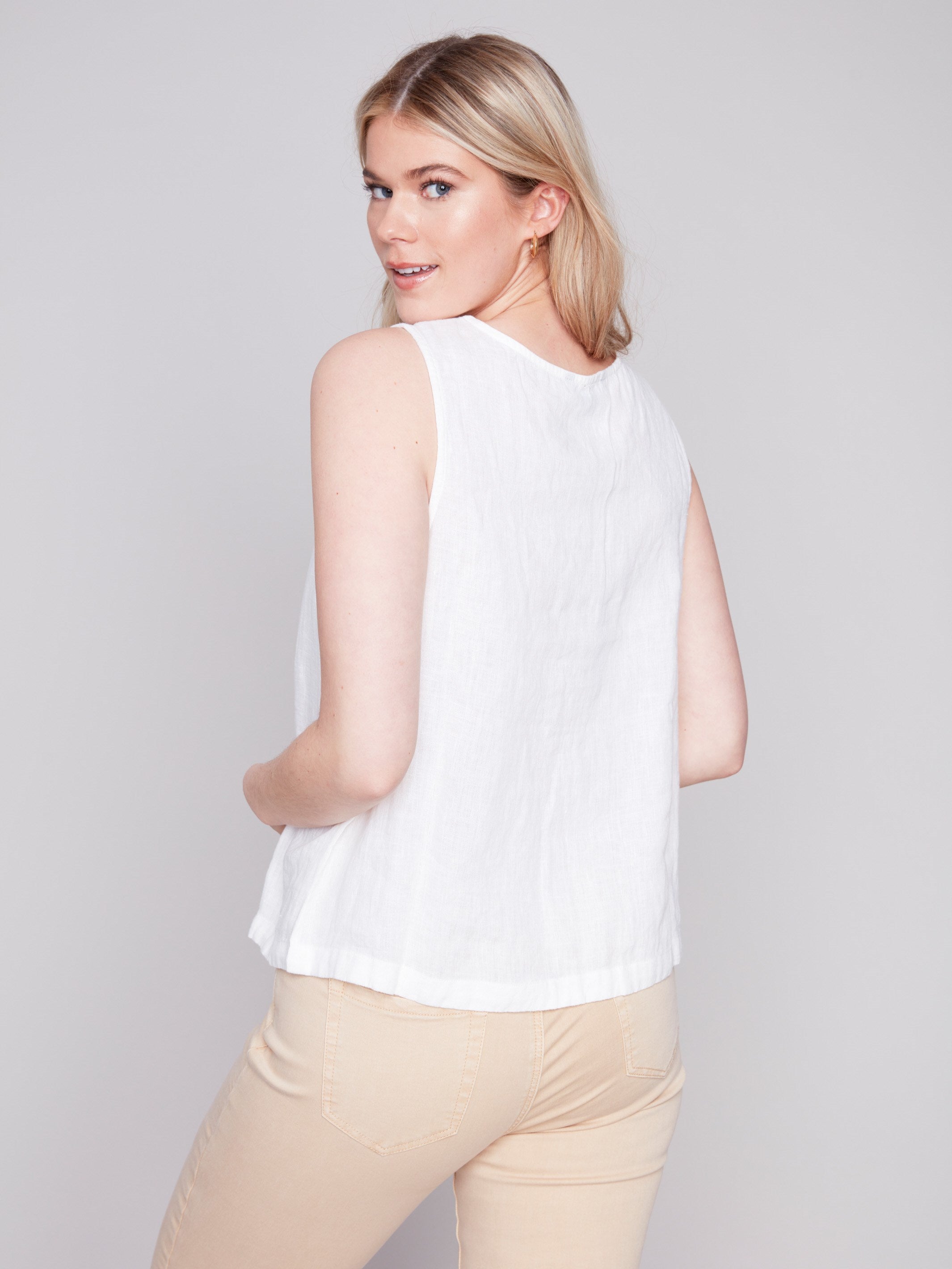 Charlie B Sleeveless Linen Top with Button Detail - White - Image 2