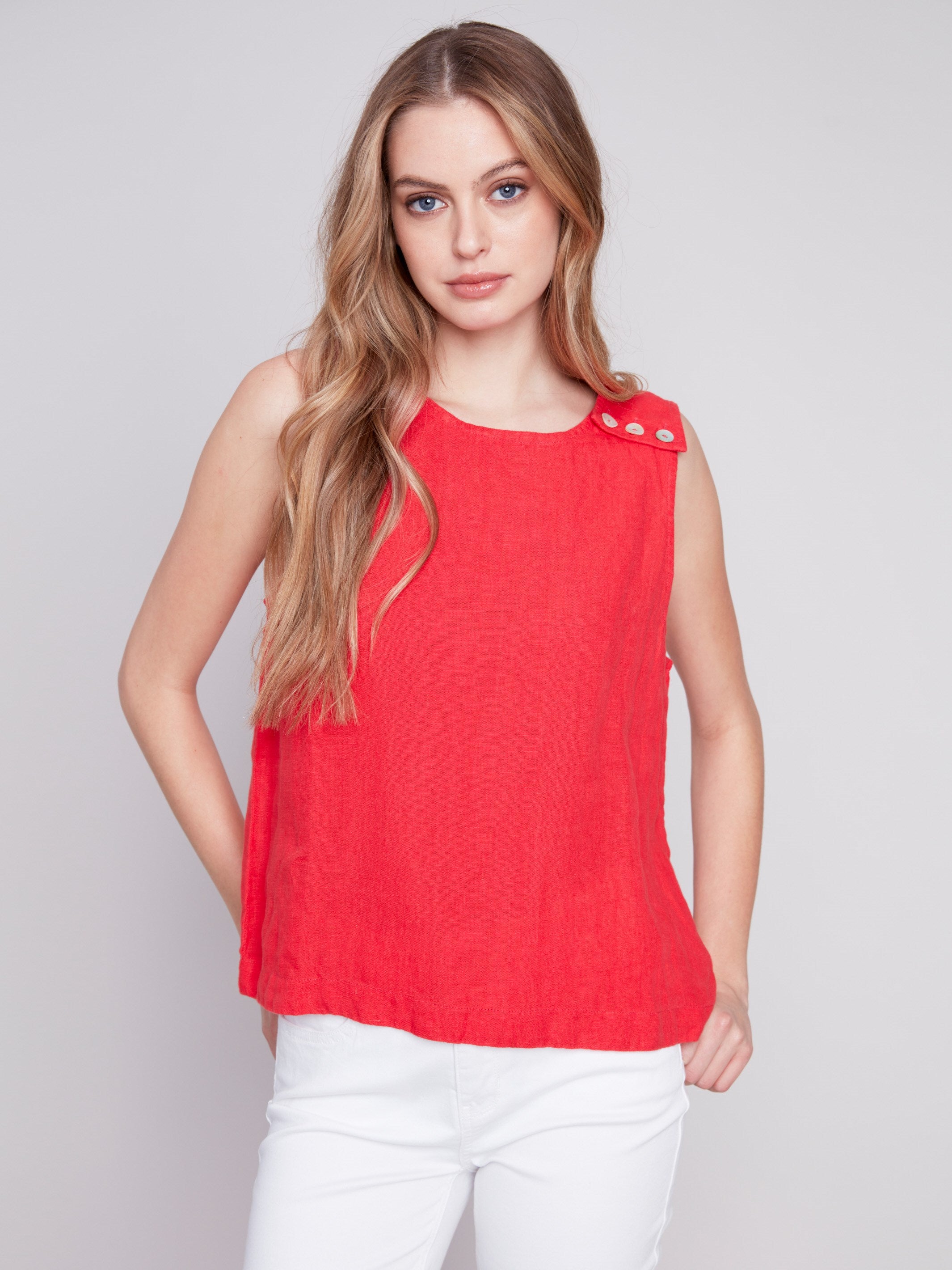 Charlie B Sleeveless Linen Top with Button Detail - Cherry - Image 1