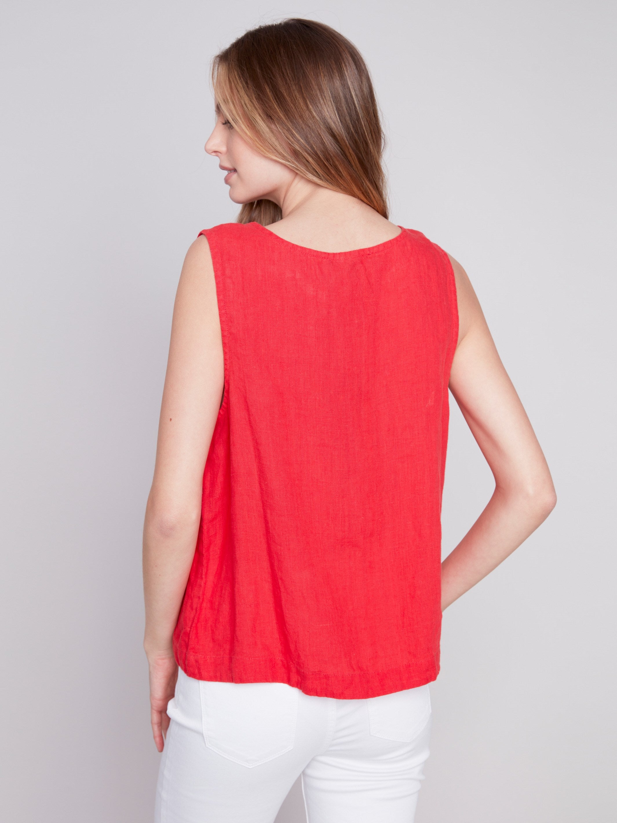 Charlie B Sleeveless Linen Top with Button Detail - Cherry - Image 2