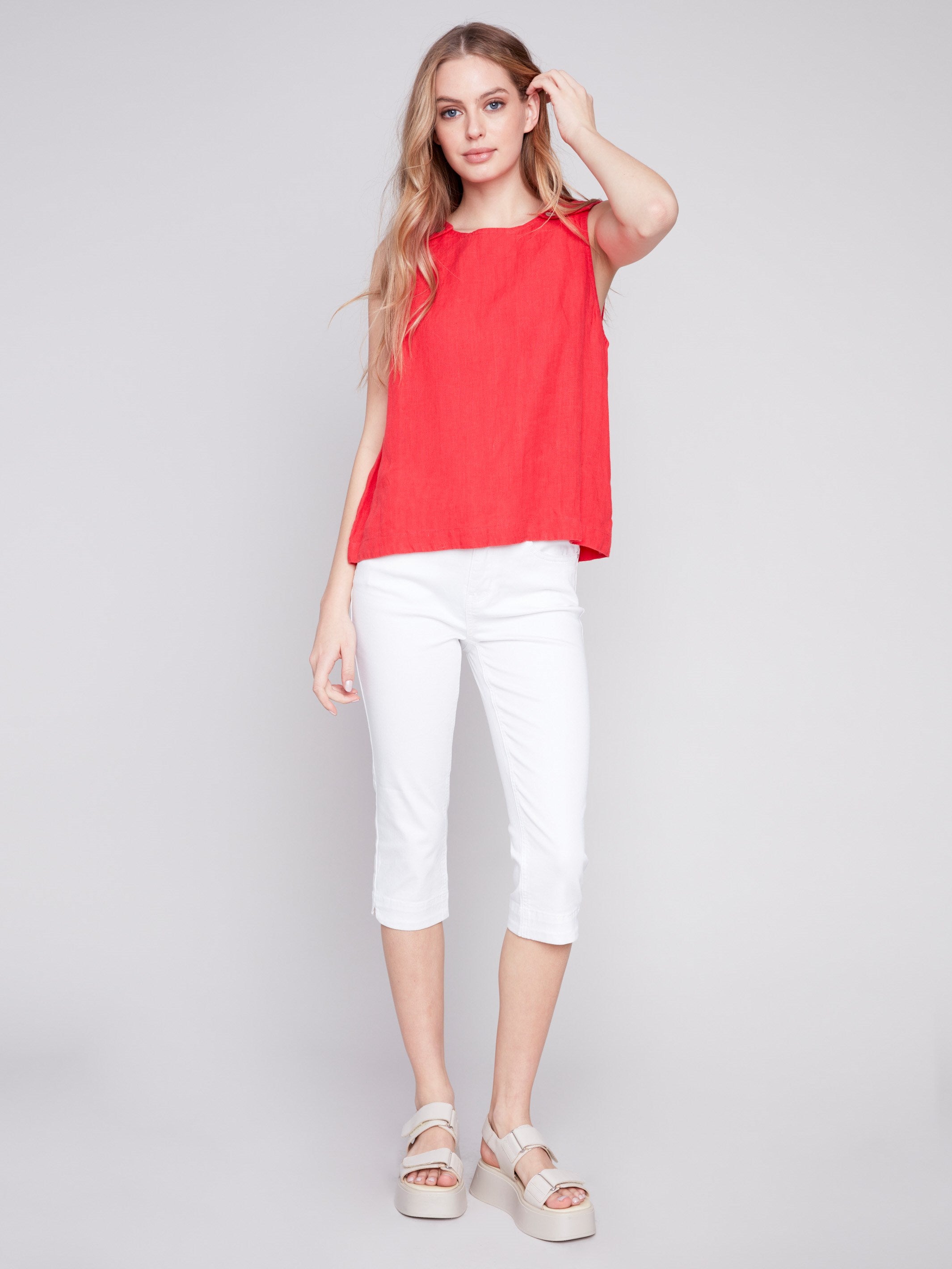 Charlie B Sleeveless Linen Top with Button Detail - Cherry - Image 3
