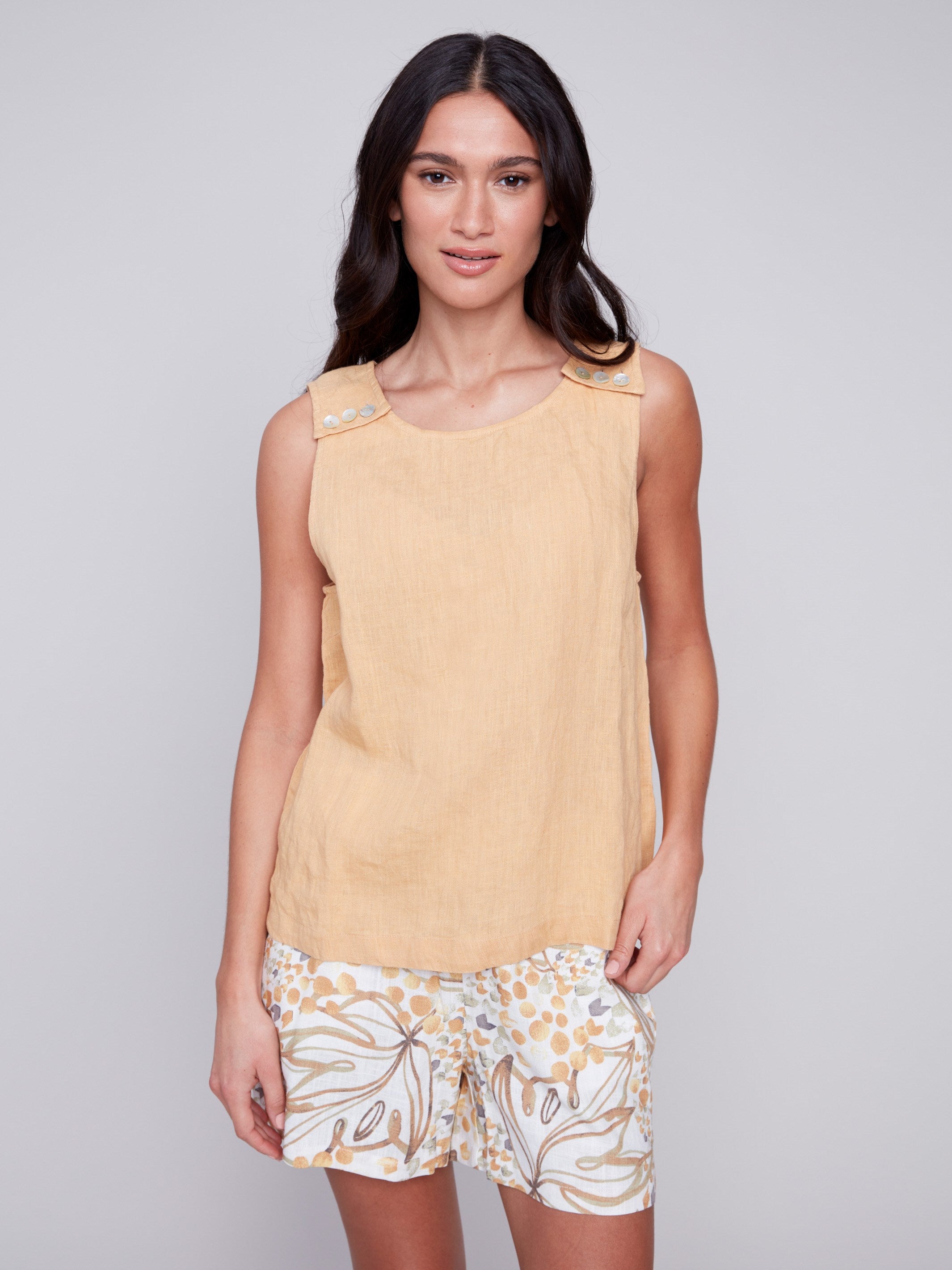 Charlie B Sleeveless Linen Top with Button Detail - Corn - Image 3
