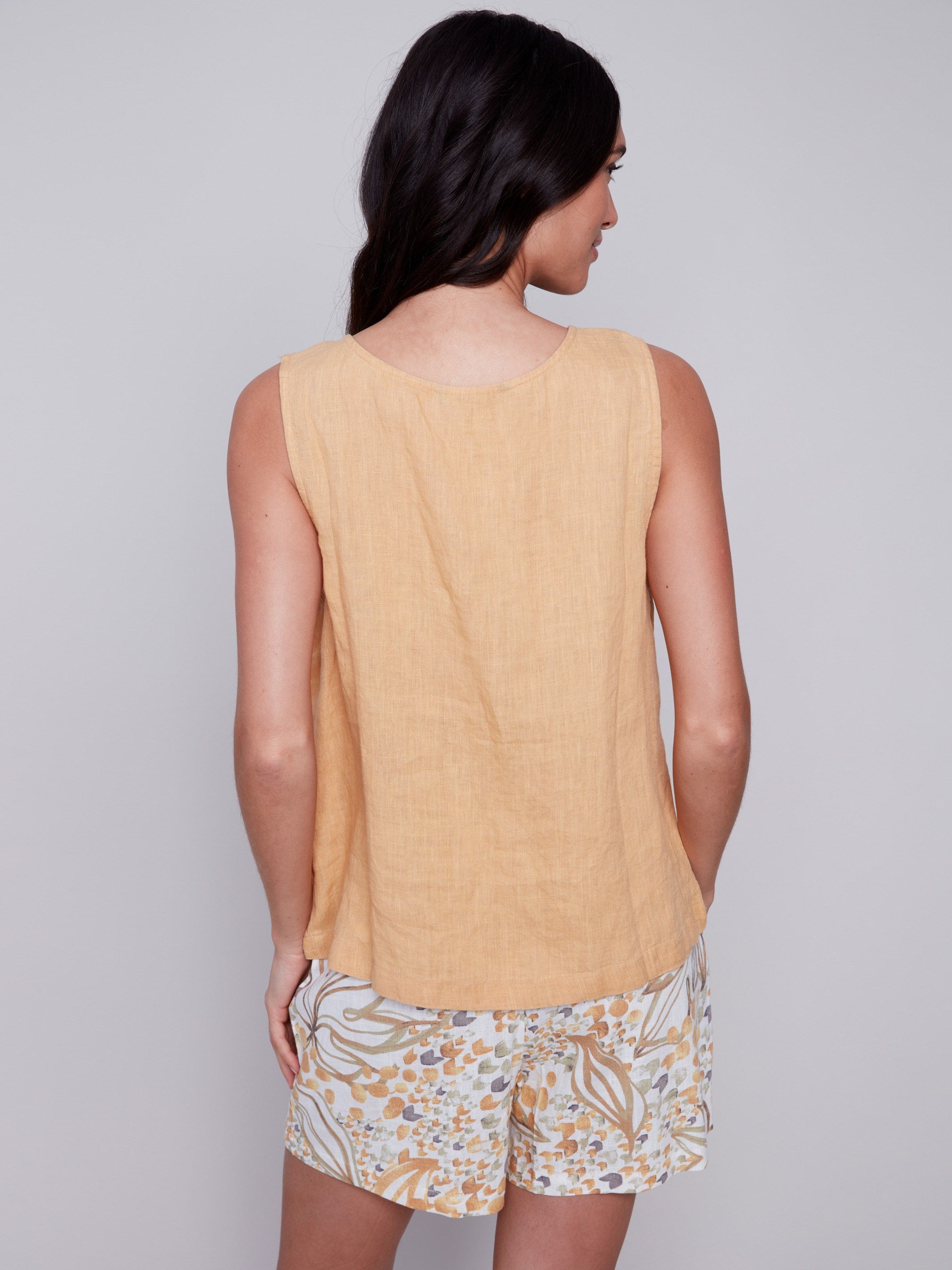 Charlie B Sleeveless Linen Top with Button Detail - Corn - Image 4
